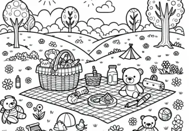 Picknickdecke mit Spielzeug auf Wiese – Malvorlage kostenlos