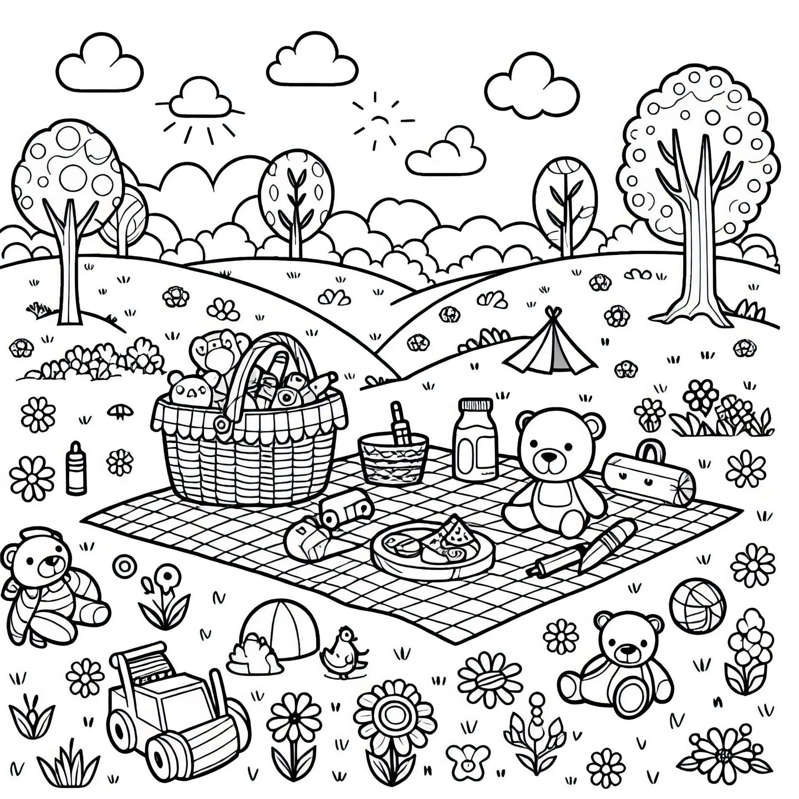 Picknickdecke mit Spielzeug auf Wiese – Malvorlage kostenlos (Ausmalbild)