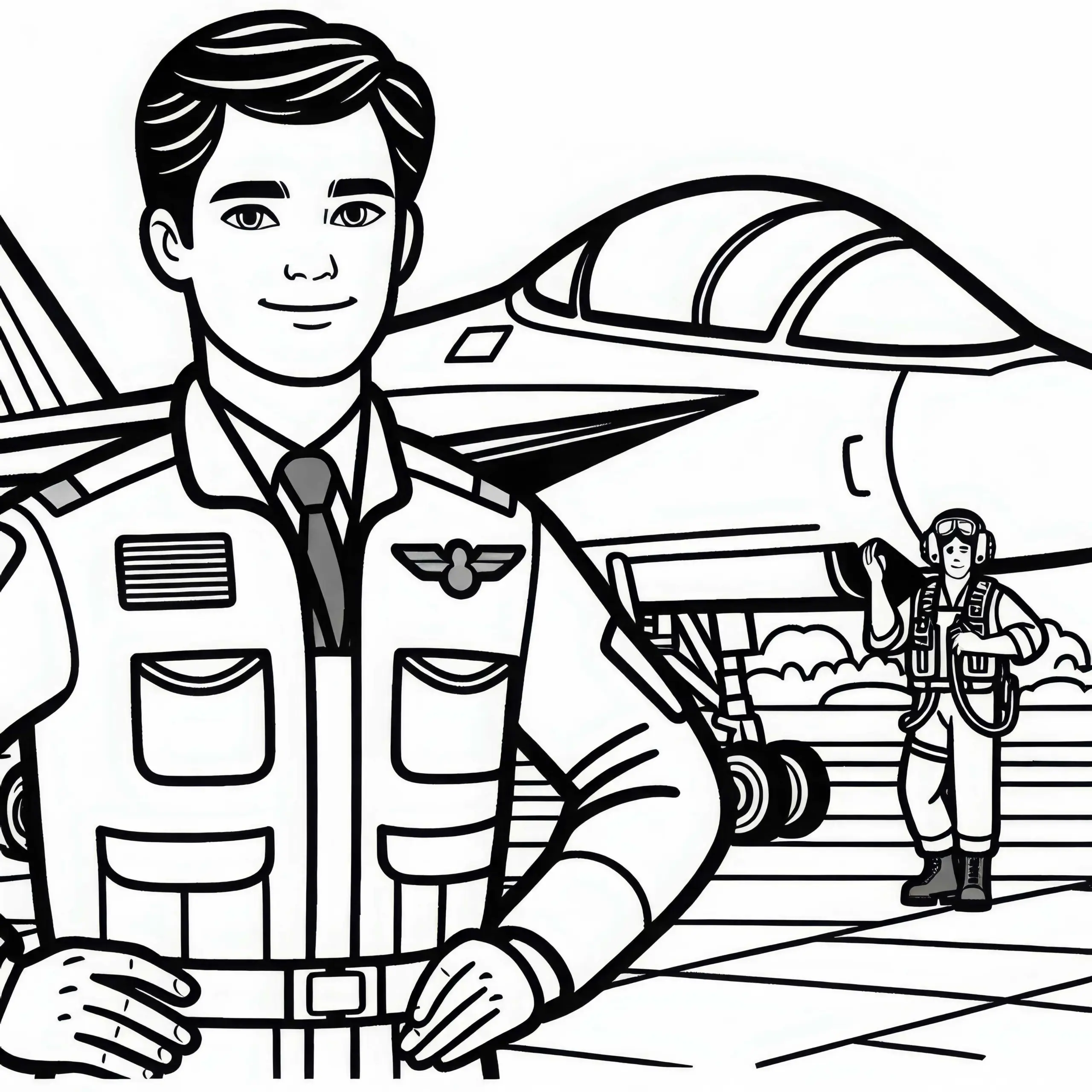 Pilot bei Inspektion seines Jets vor dem Start – Malvorlage kostenlos (Ausmalbild)