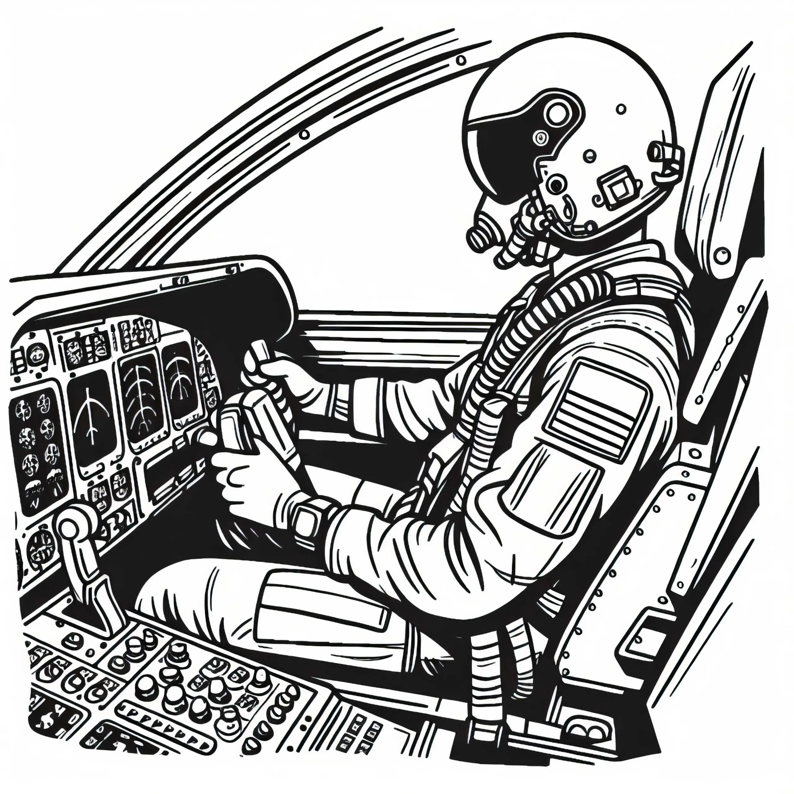 Pilot im Cockpit eines Kampfjets – Ausmalbild gratis