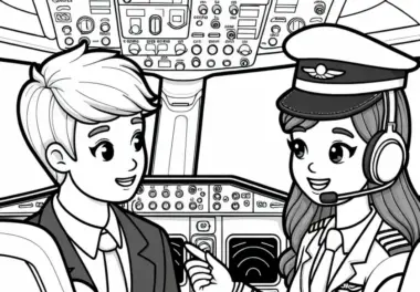 Pilot im Gespräch mit Co-Pilotin im Cockpit – Malvorlage kostenlos