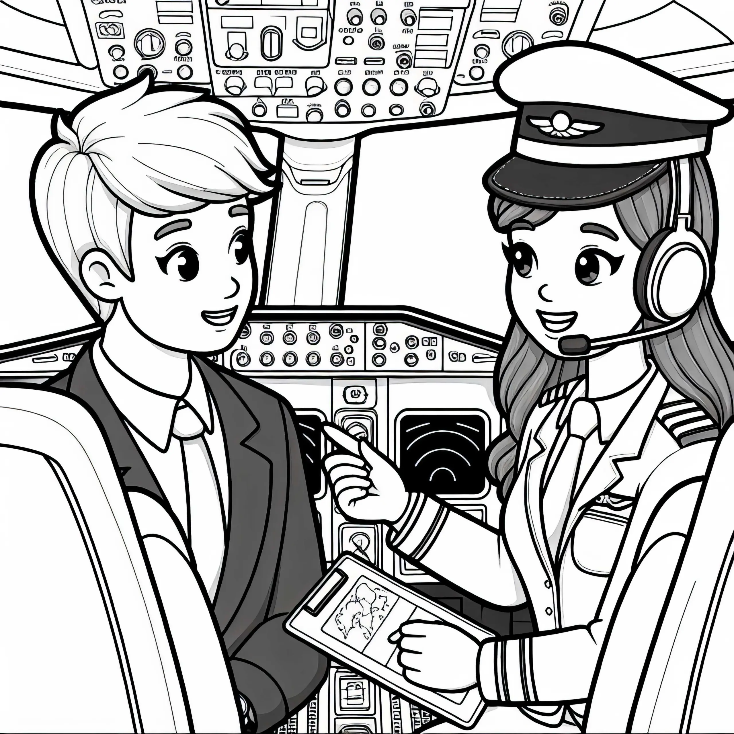 Pilot im Gespräch mit Co-Pilotin im Cockpit – Malvorlage kostenlos (Ausmalbild)