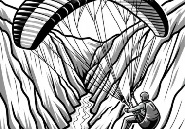 Pilot lenkt Paraglider durch enge Schlucht – Malvorlage gratis