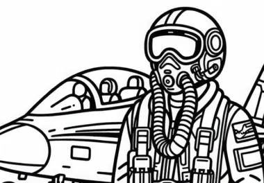 Pilot mit Helm und Sauerstoffmaske vor Jet Malvorlage kostenlos