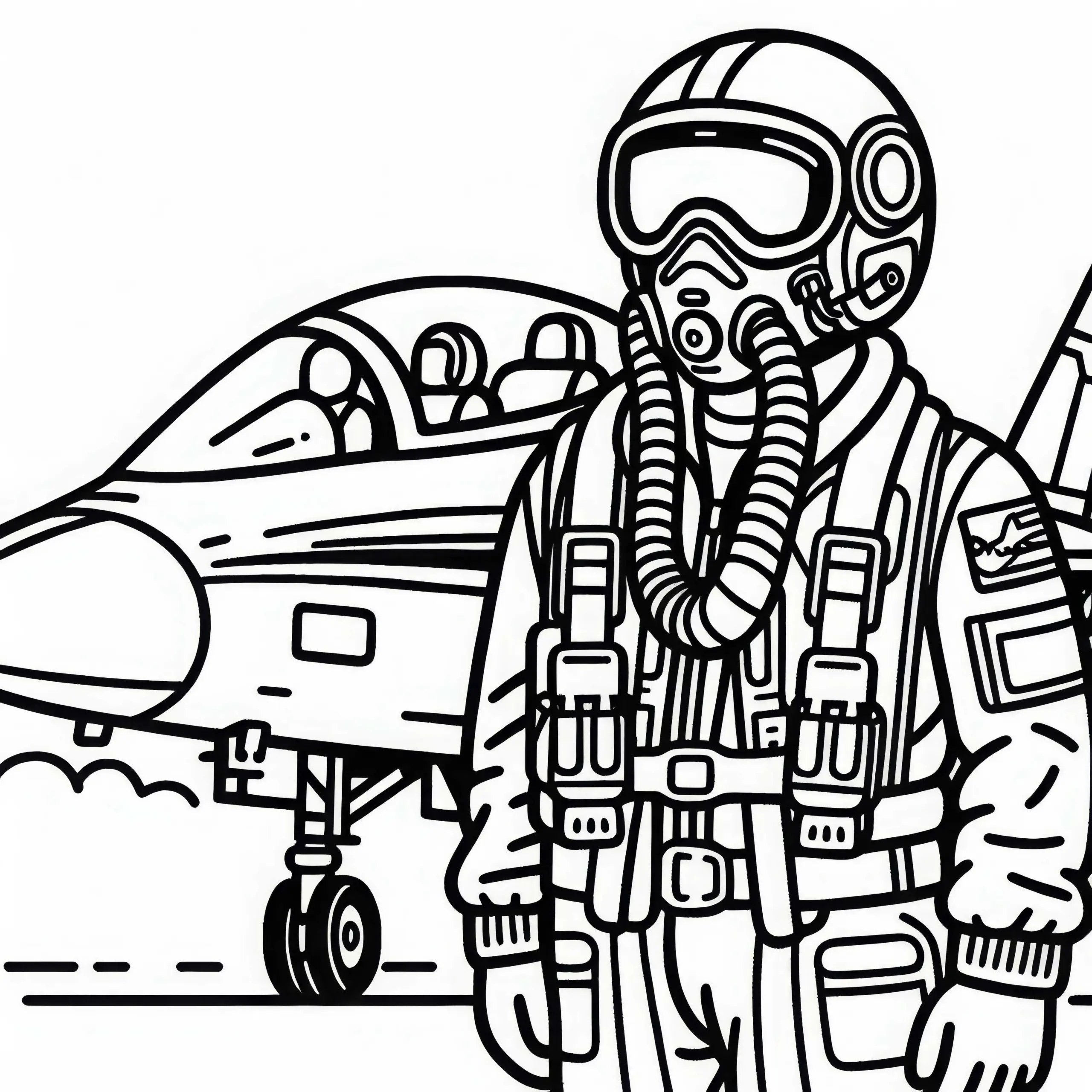Pilot mit Helm und Sauerstoffmaske vor Jet Malvorlage kostenlos (Ausmalbild)