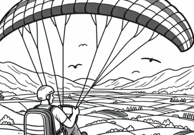 Pilot steuert Paraglider über weites Tal – Ausmalbild kostenlos