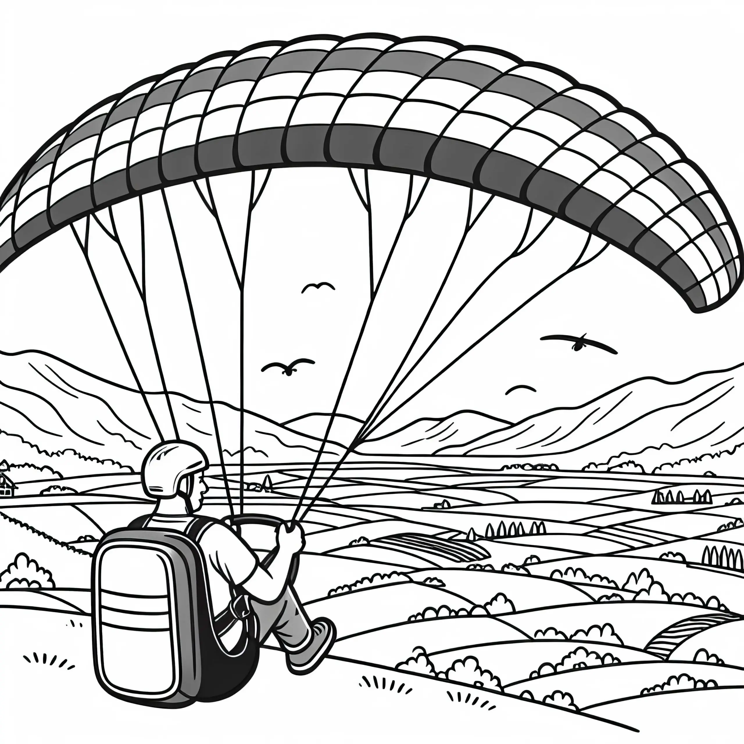 Pilot steuert Paraglider über weites Tal – Ausmalbild kostenlos