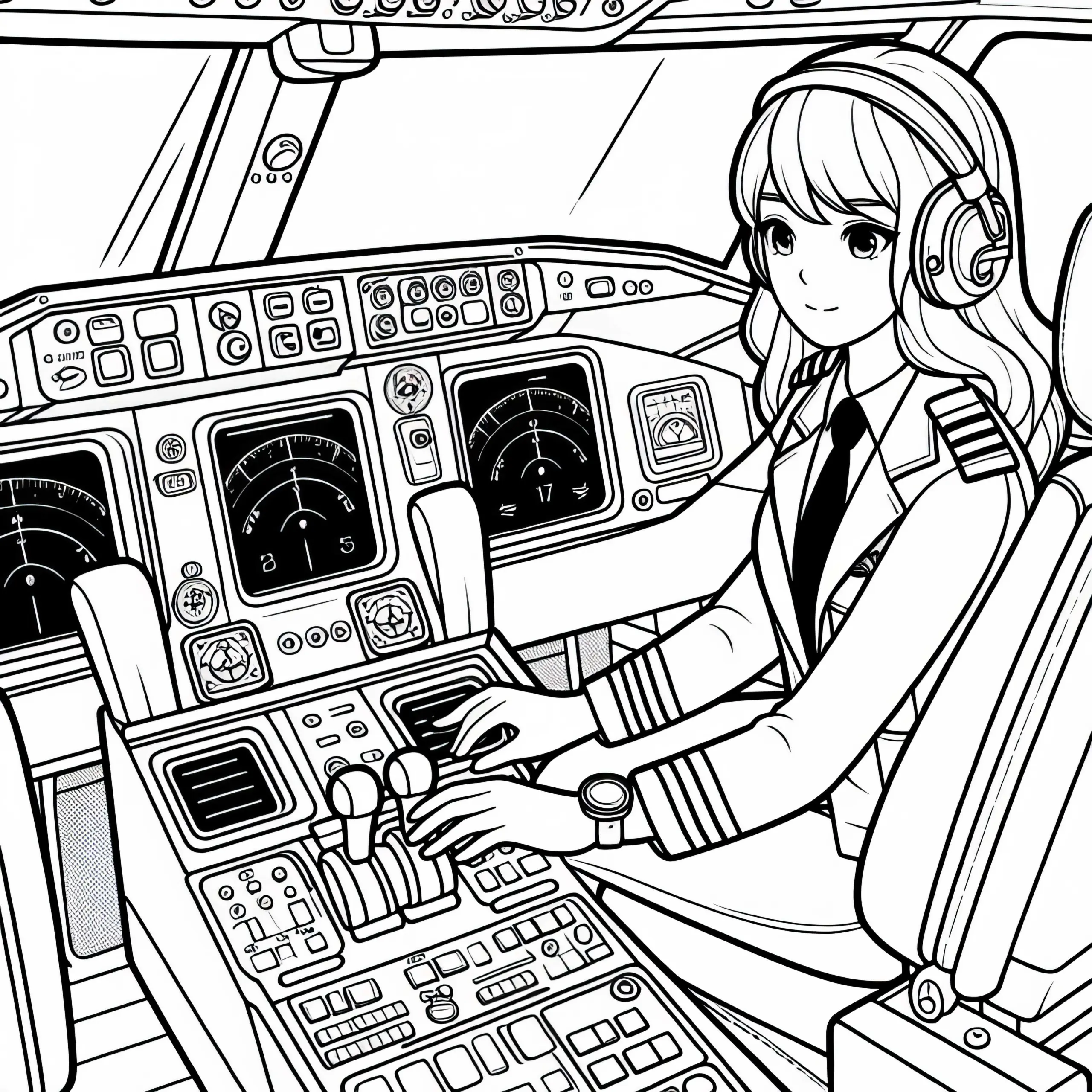 Pilotin bei Kontrolle von Instrumenten im Cockpit – Malvorlage Kostenlos (Ausmalbild)