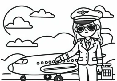 Pilotin beim Starten eines Flugzeugs auf der Startbahn – Ausmalbild kostenlos