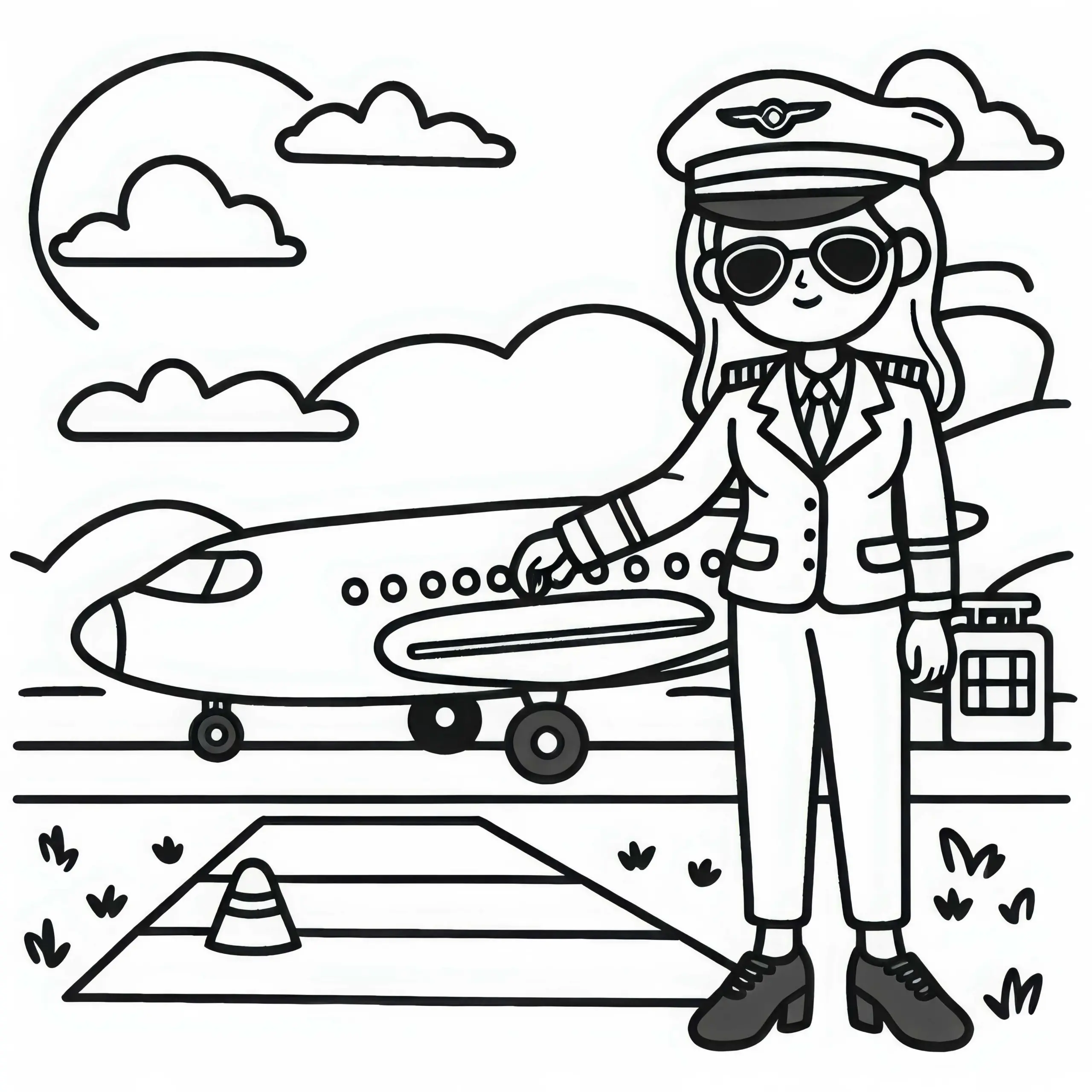 Pilotin beim Starten eines Flugzeugs auf der Startbahn – Ausmalbild kostenlos