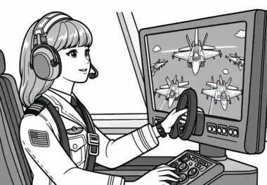 Pilotin beim Training im Flugsimulator – Ausmalbild kostenlos