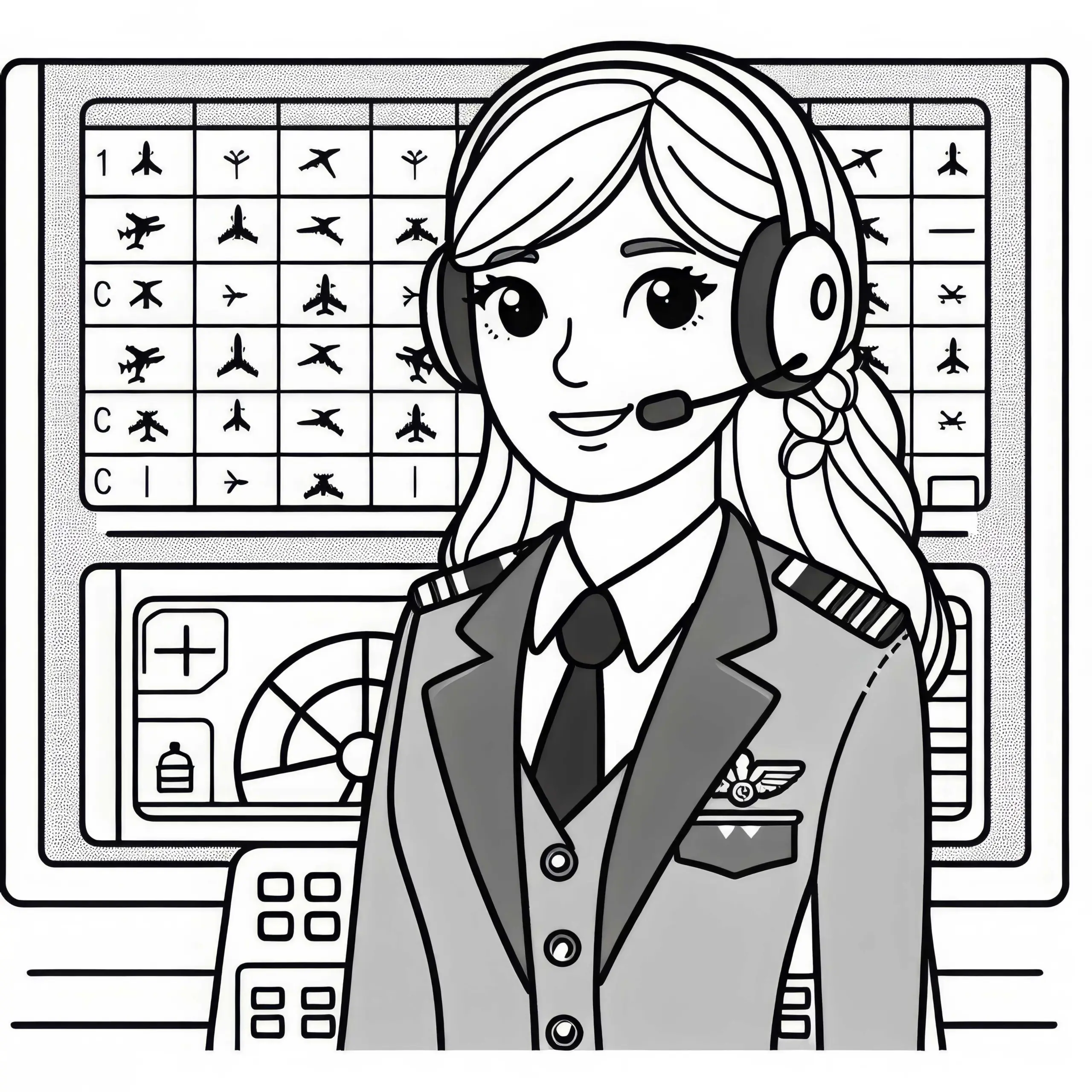 Pilotin mit Headset – Ausmalbild kostenlos herunterladen