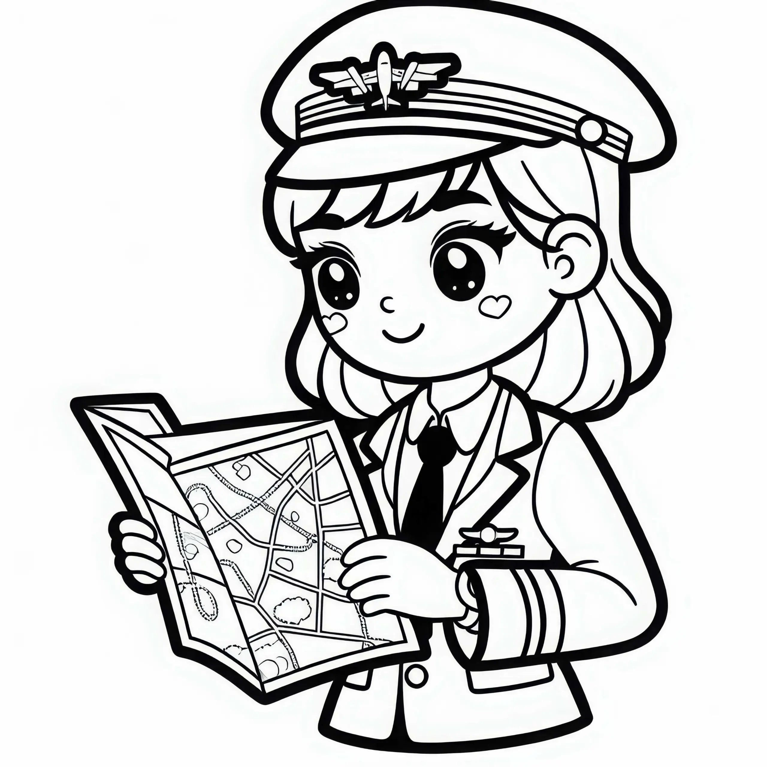 Pilotin mit Landkarte – Malvorlage kostenlos (Ausmalbild)