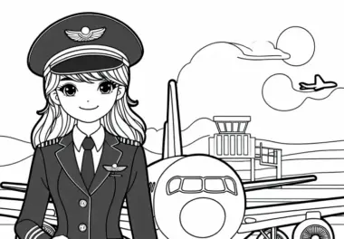 Pilotin mit Uniform vor Flugzeug auf Rollfeld – Ausmalbild kostenlos