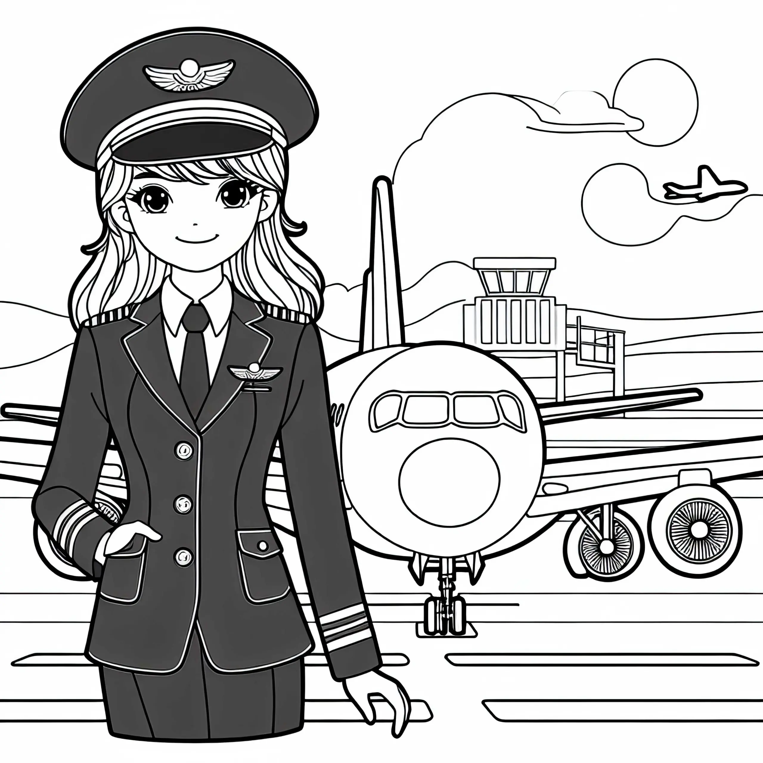 Pilotin mit Uniform vor Flugzeug auf Rollfeld – Ausmalbild kostenlos