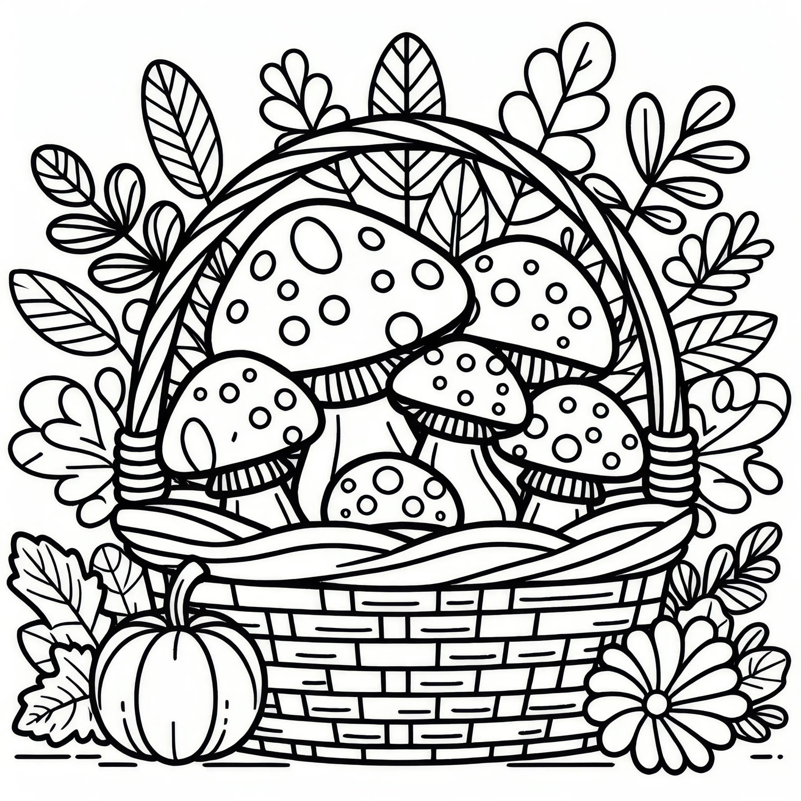 Pilze im Korb zum Erntedankfest: Einfache Malvorlage (Kostenlos) (Ausmalbild)
