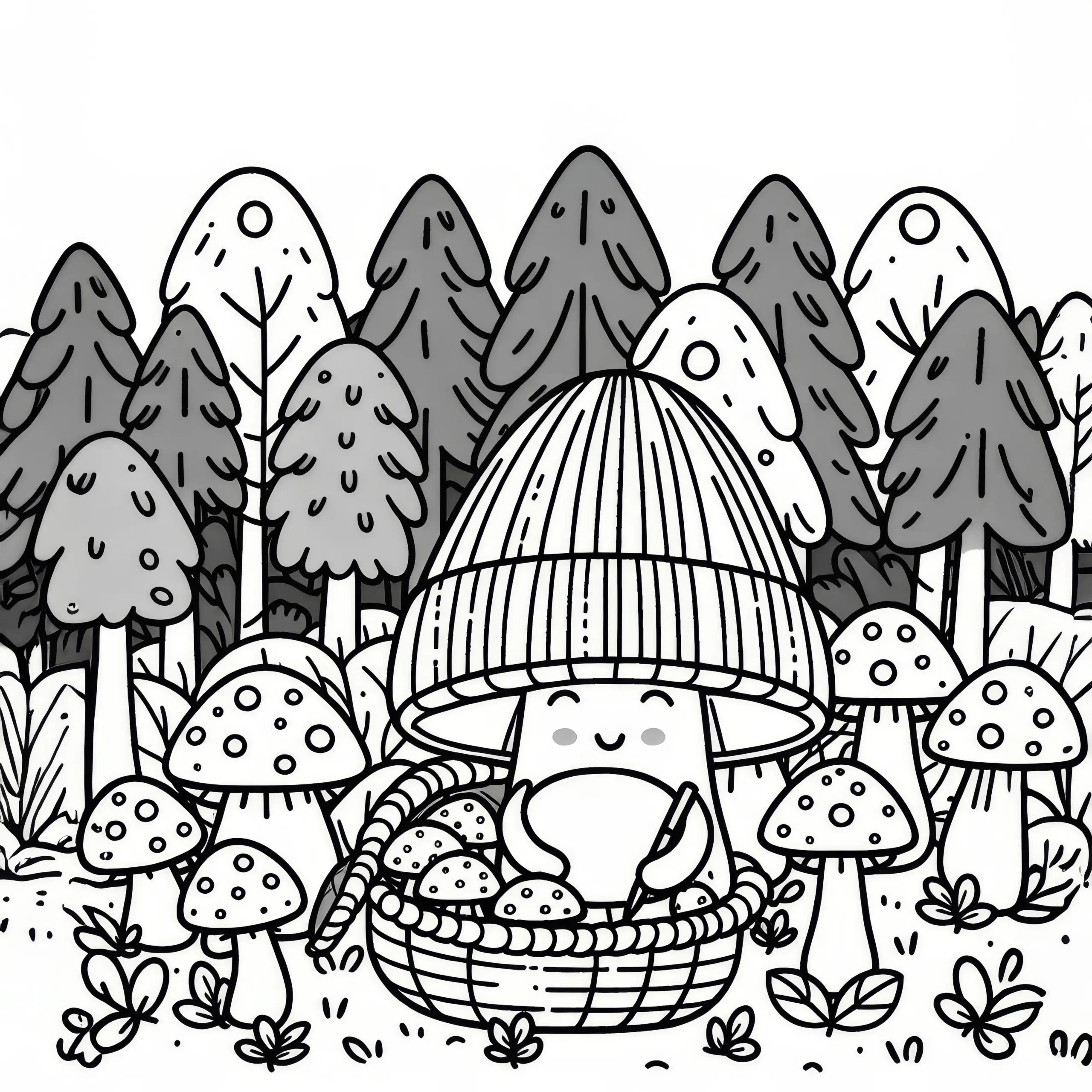 Pilze im Wald zum Erntedankfest: Ausmalbild zum Download (Gratis)