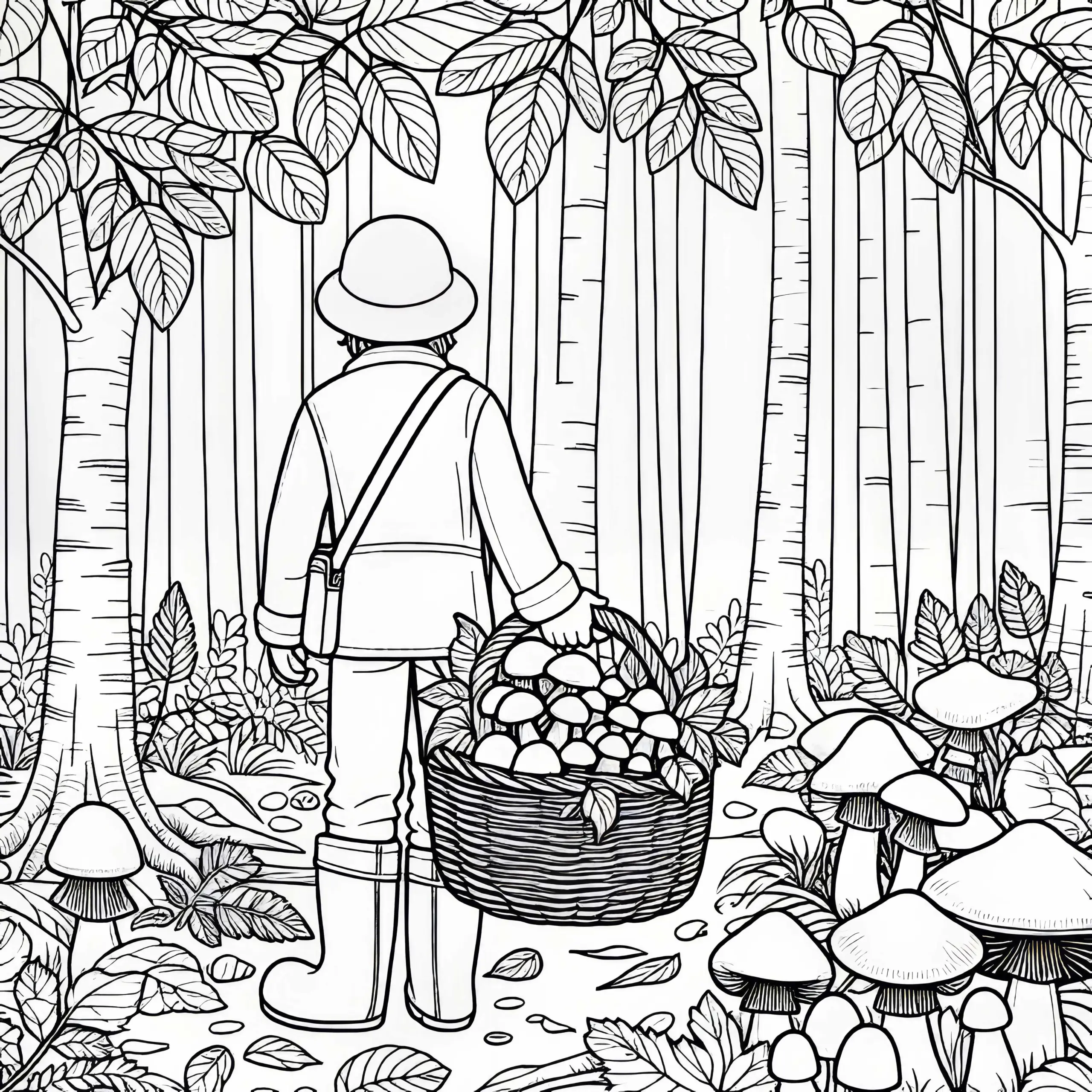 Pilzsammler im Herbstwald: gratis Malvorlage (Ausmalbild)