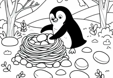 Pinguin baut Nest – Ausmalbild kostenlos herunterladen