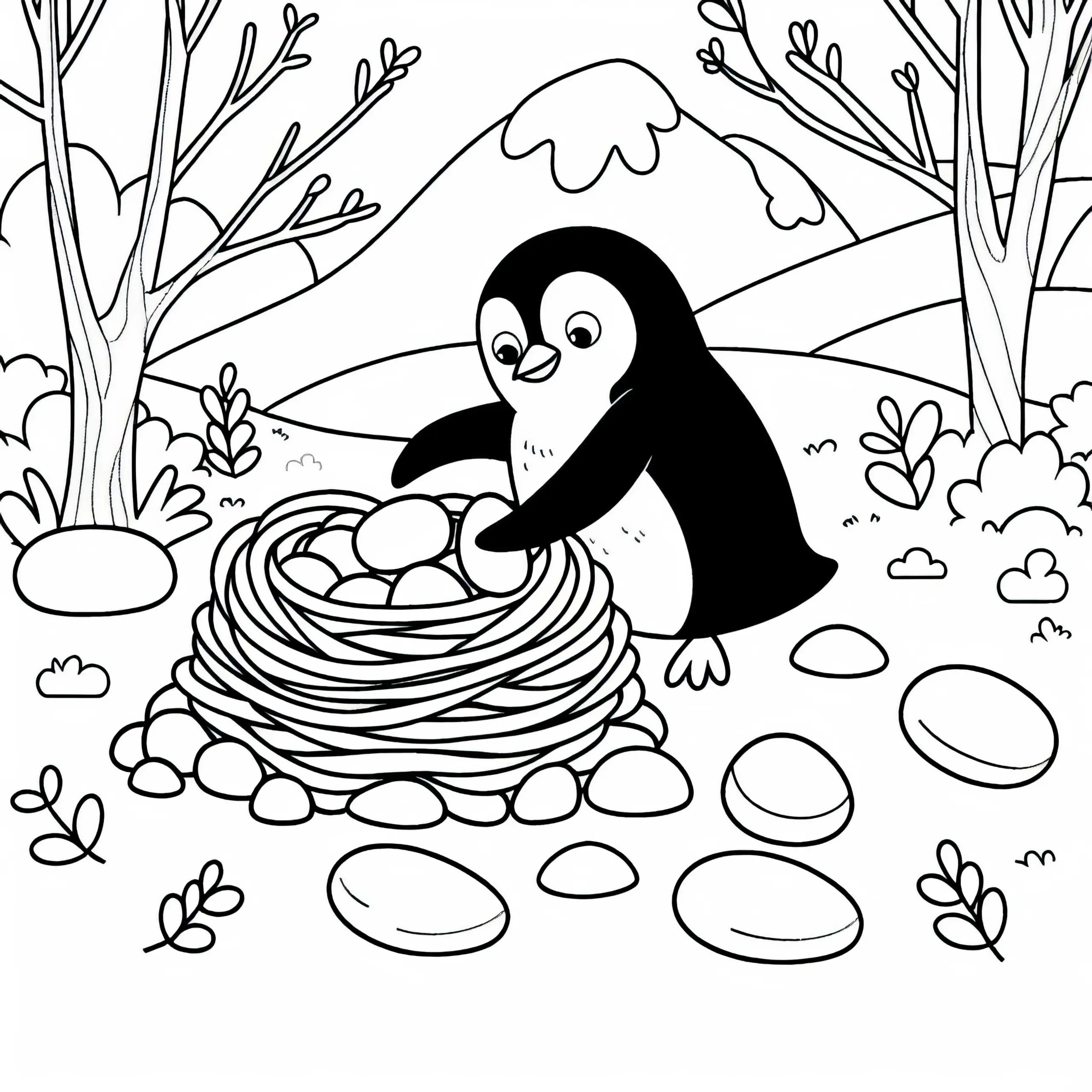 Pinguin baut Nest – Ausmalbild kostenlos herunterladen