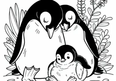Pinguin-Eltern wärmen ihr Küken – Malvorlage kostenlos