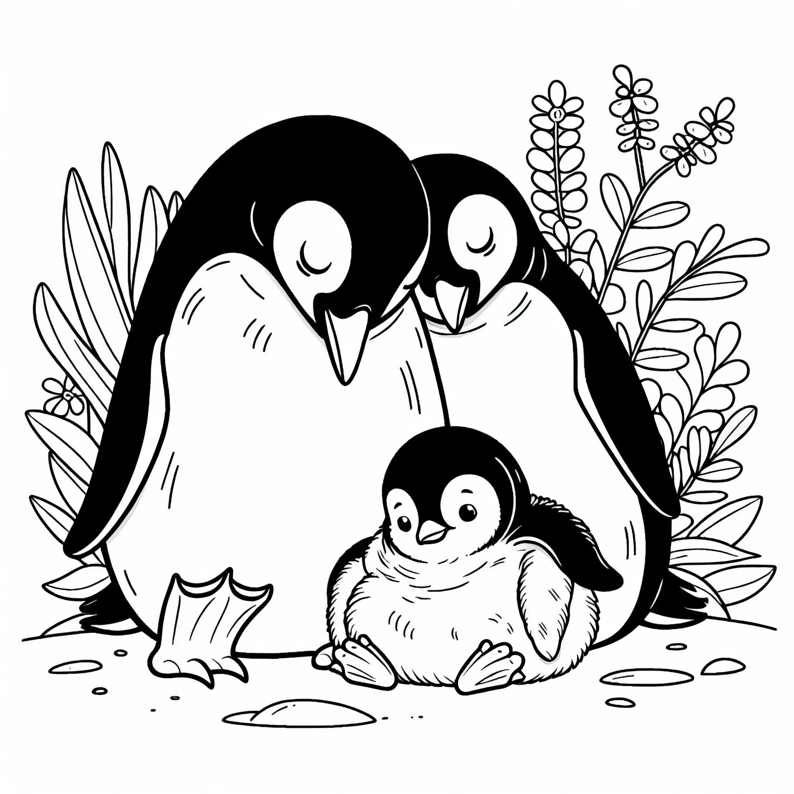 Pinguin-Eltern wärmen ihr Küken – Malvorlage kostenlos (Ausmalbild)
