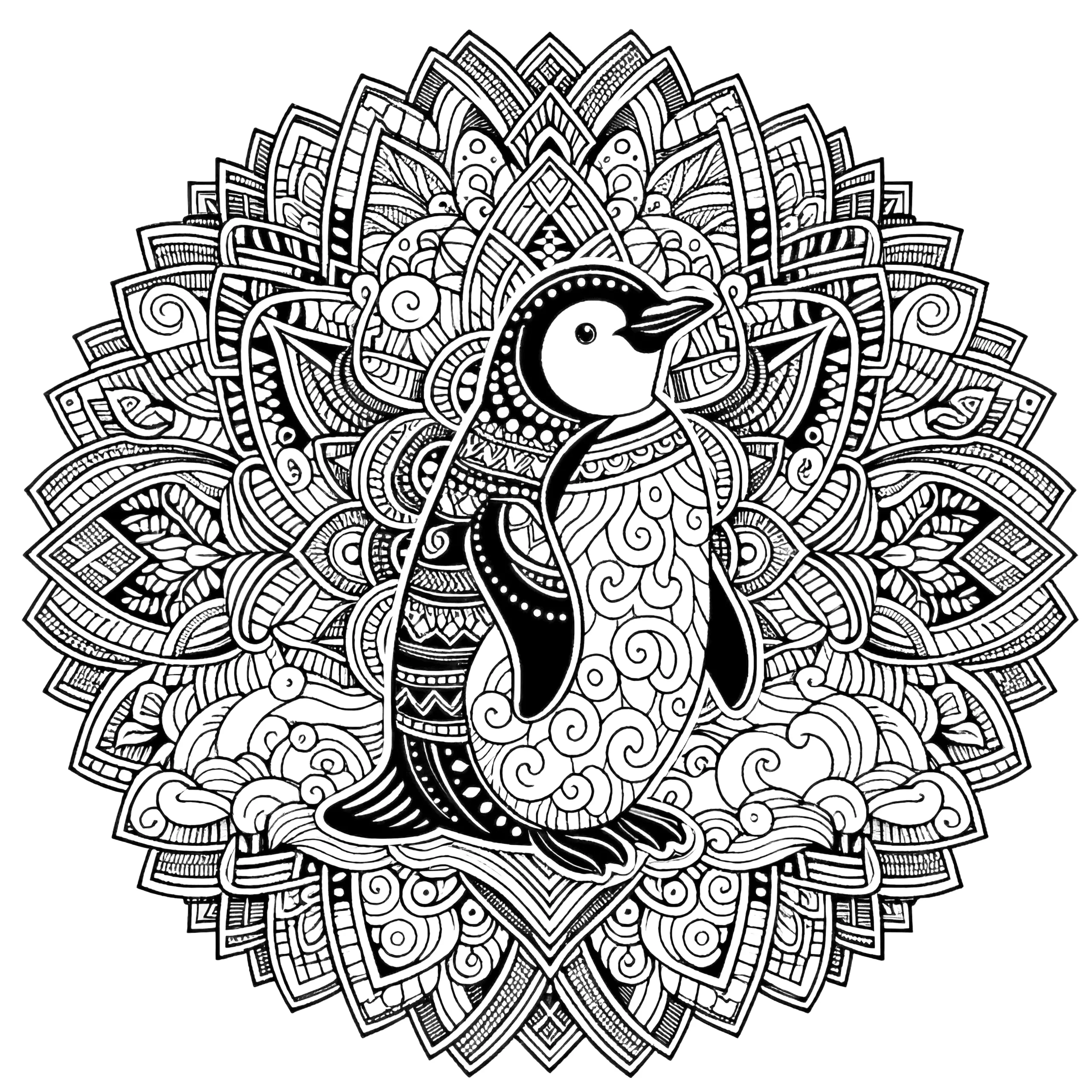 Pinguin-Mandala komplex: Gratis Malvorlage zum Ausmalen (Ausmalbild)