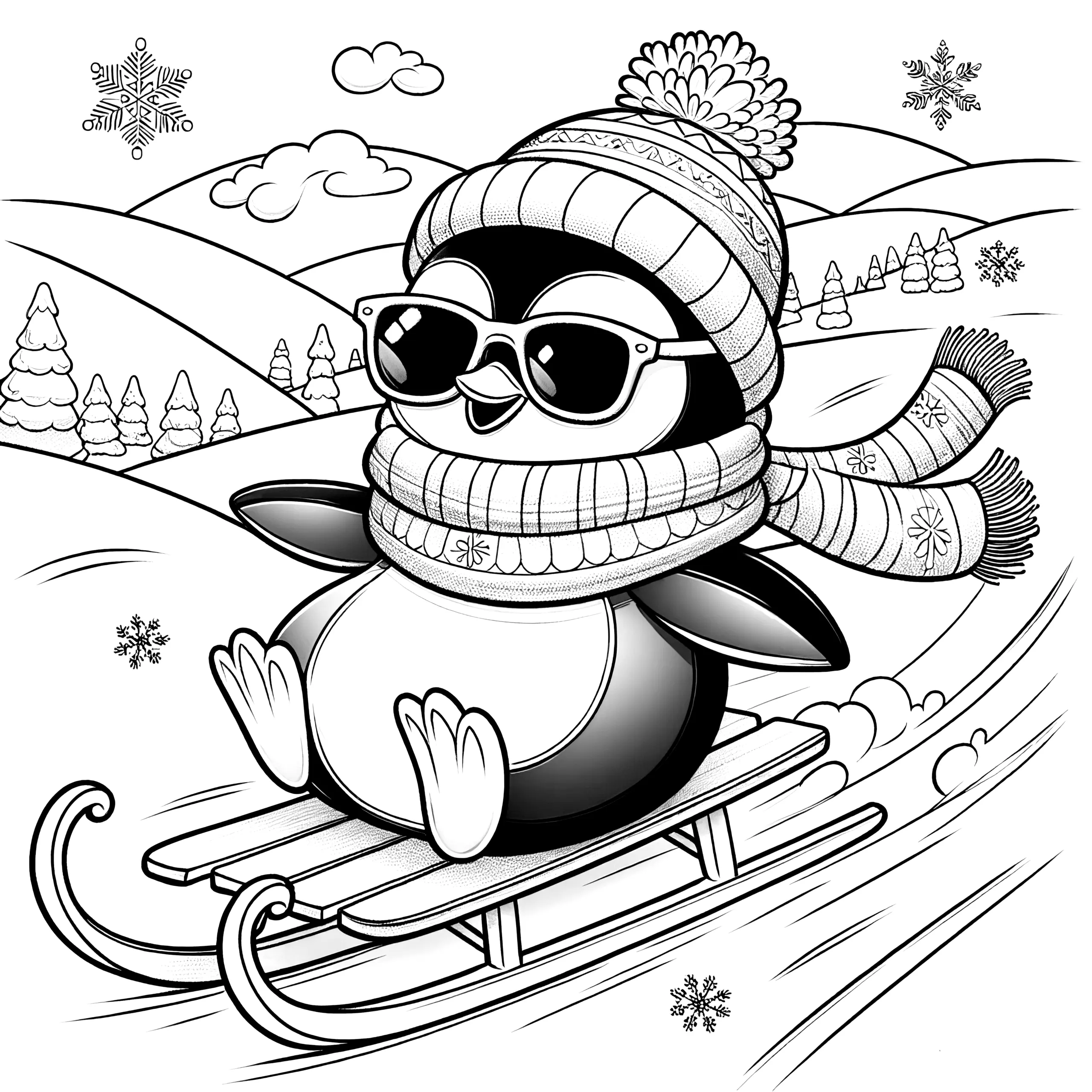 Pinguin mit Sonnenbrille auf Schlitten: kostenloses Ausmalbild