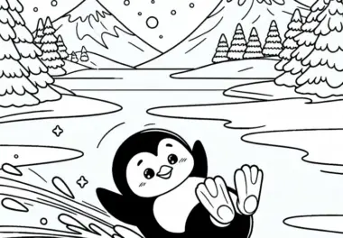 Pinguin rutscht über Eis – Ausmalbild kostenlos