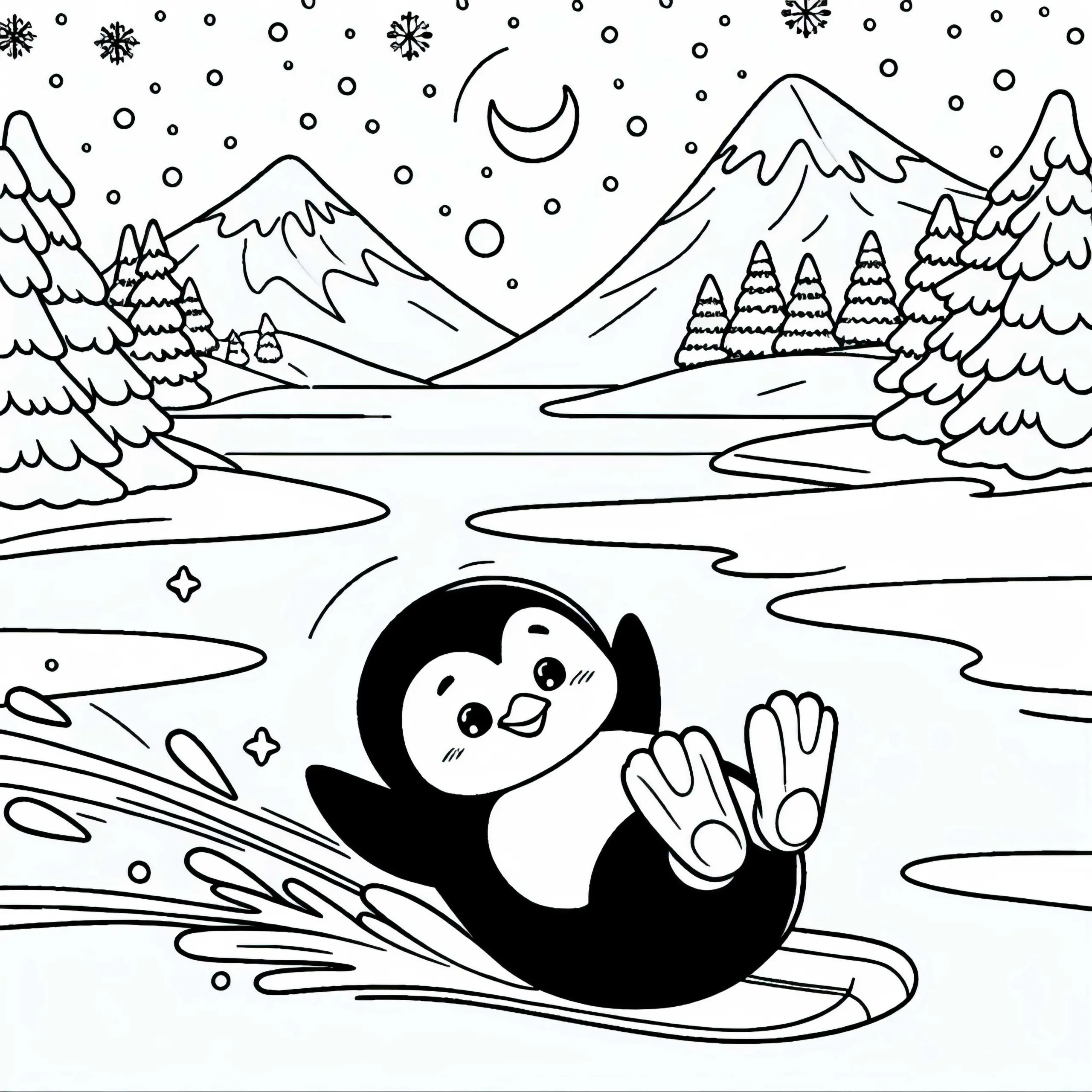 Pinguin rutscht über Eis – Ausmalbild kostenlos