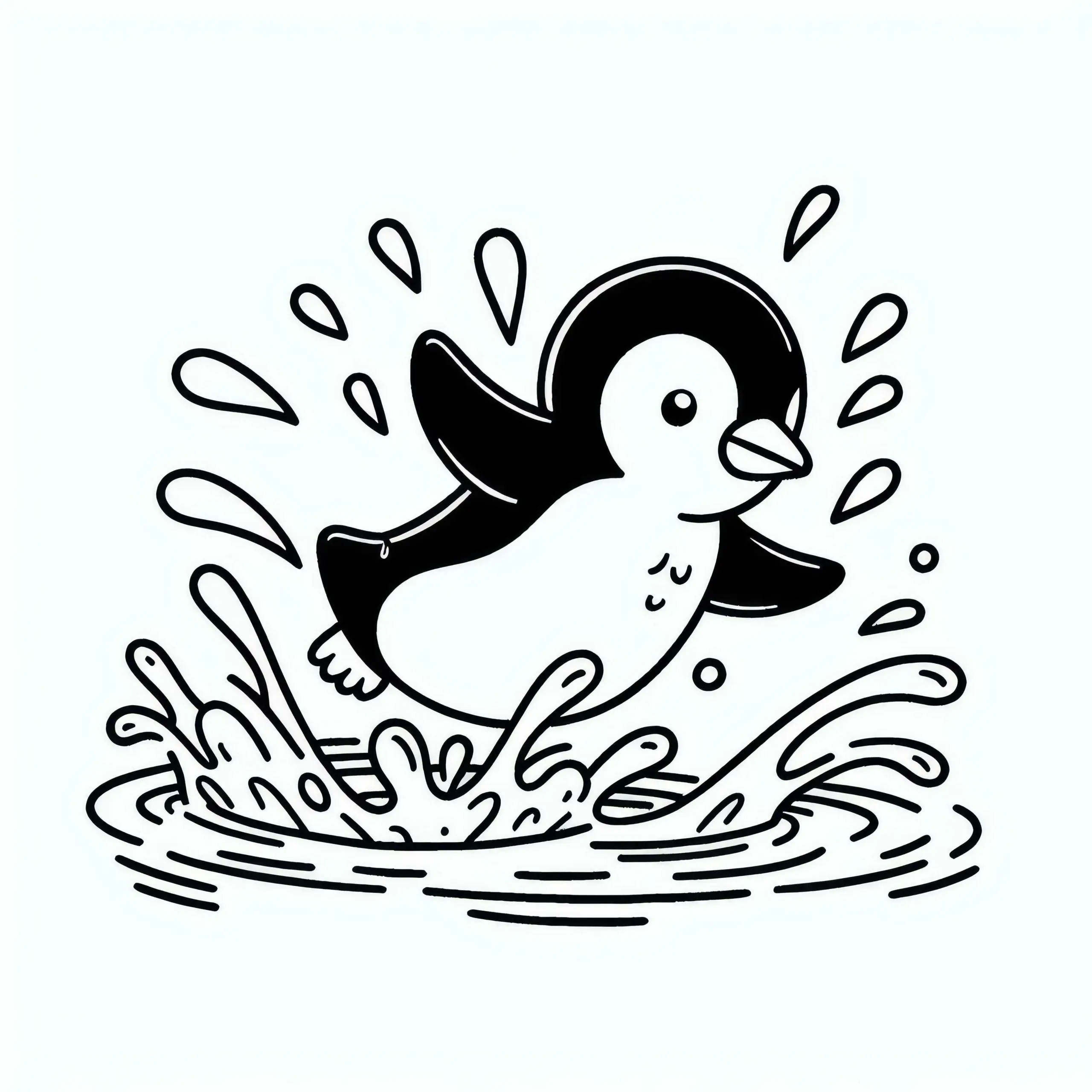 Pinguin springt aus Wasser mit Wasserspritzern – Malvorlage kostenlos (Ausmalbild)