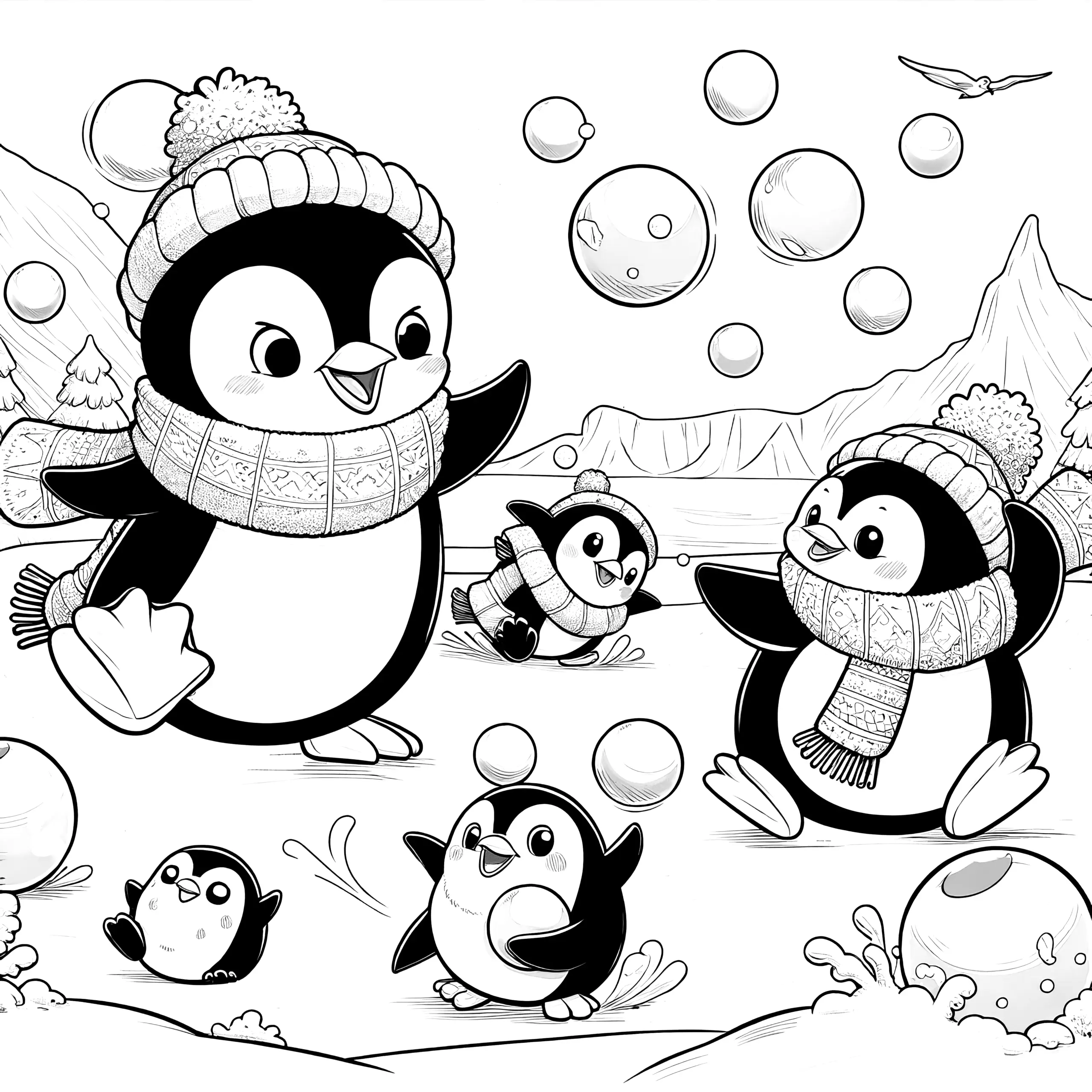 Pinguine bei Schneeballschlacht: Weihnachtsbild zum Ausmalen (Ausmalbild)