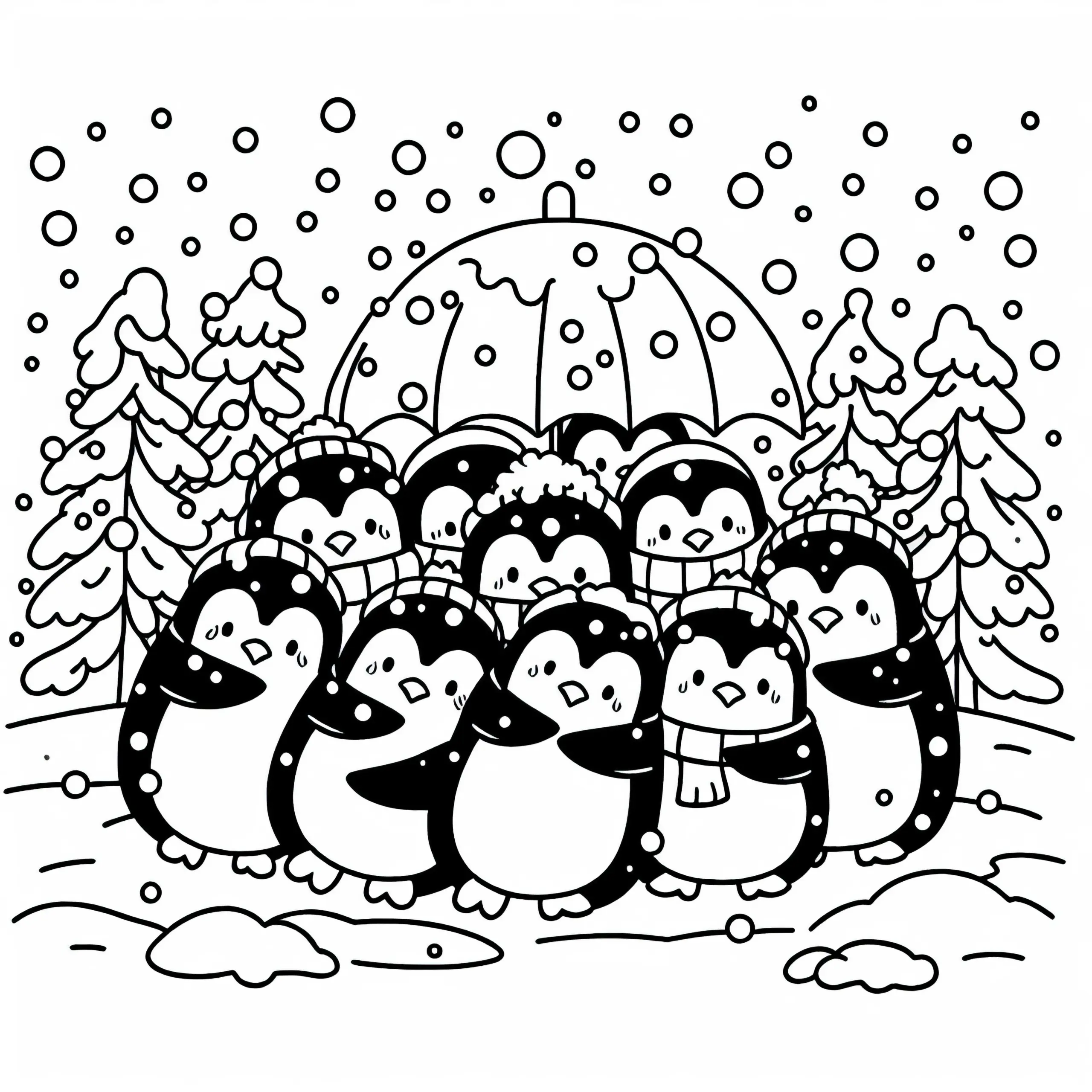 Pinguine Stehen Dicht Gedrängt Im Schneesturm – Malvorlage Gratis (Ausmalbild)