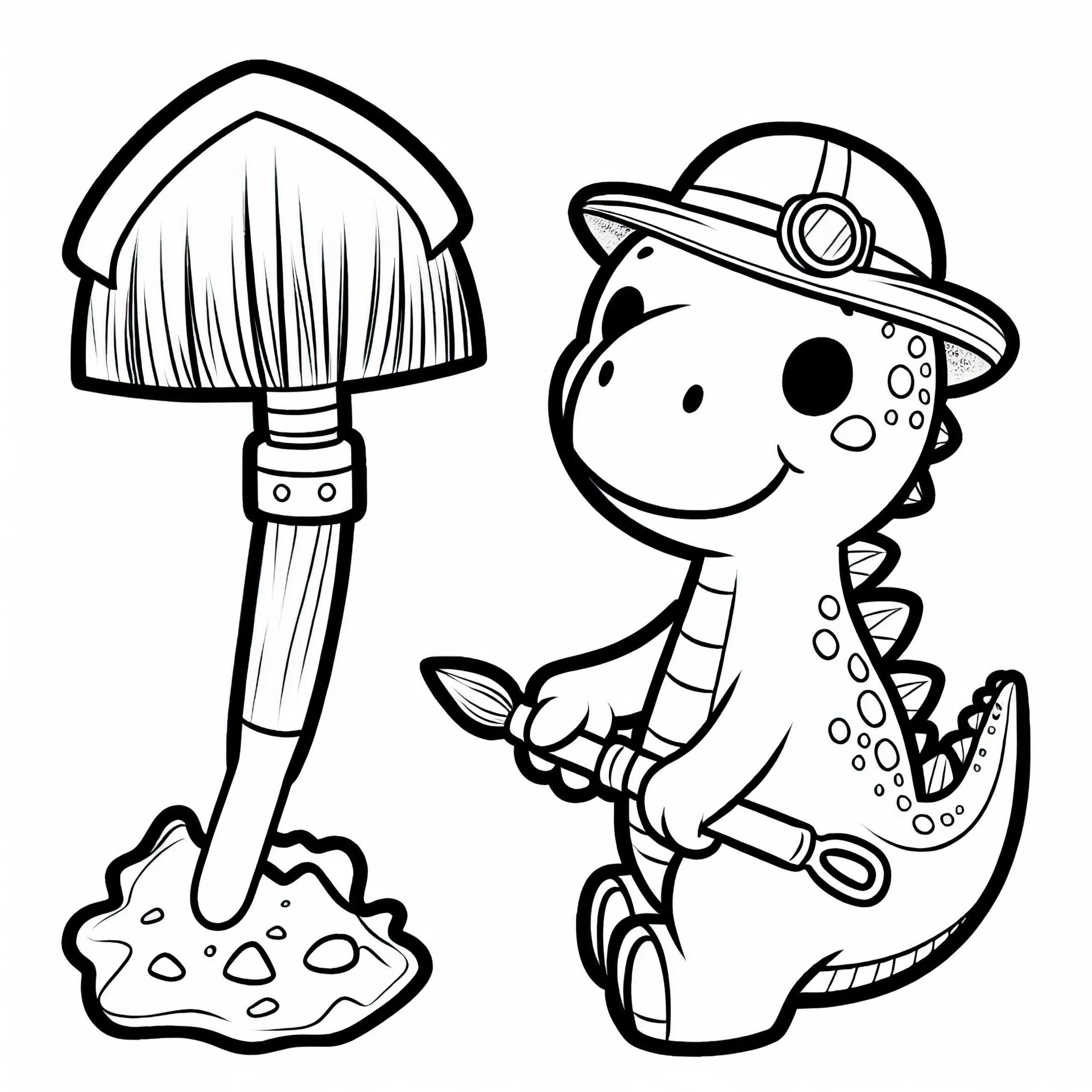 Pinsel und Schaufel für Dino-Forscher – Malvorlage gratis (Ausmalbild)
