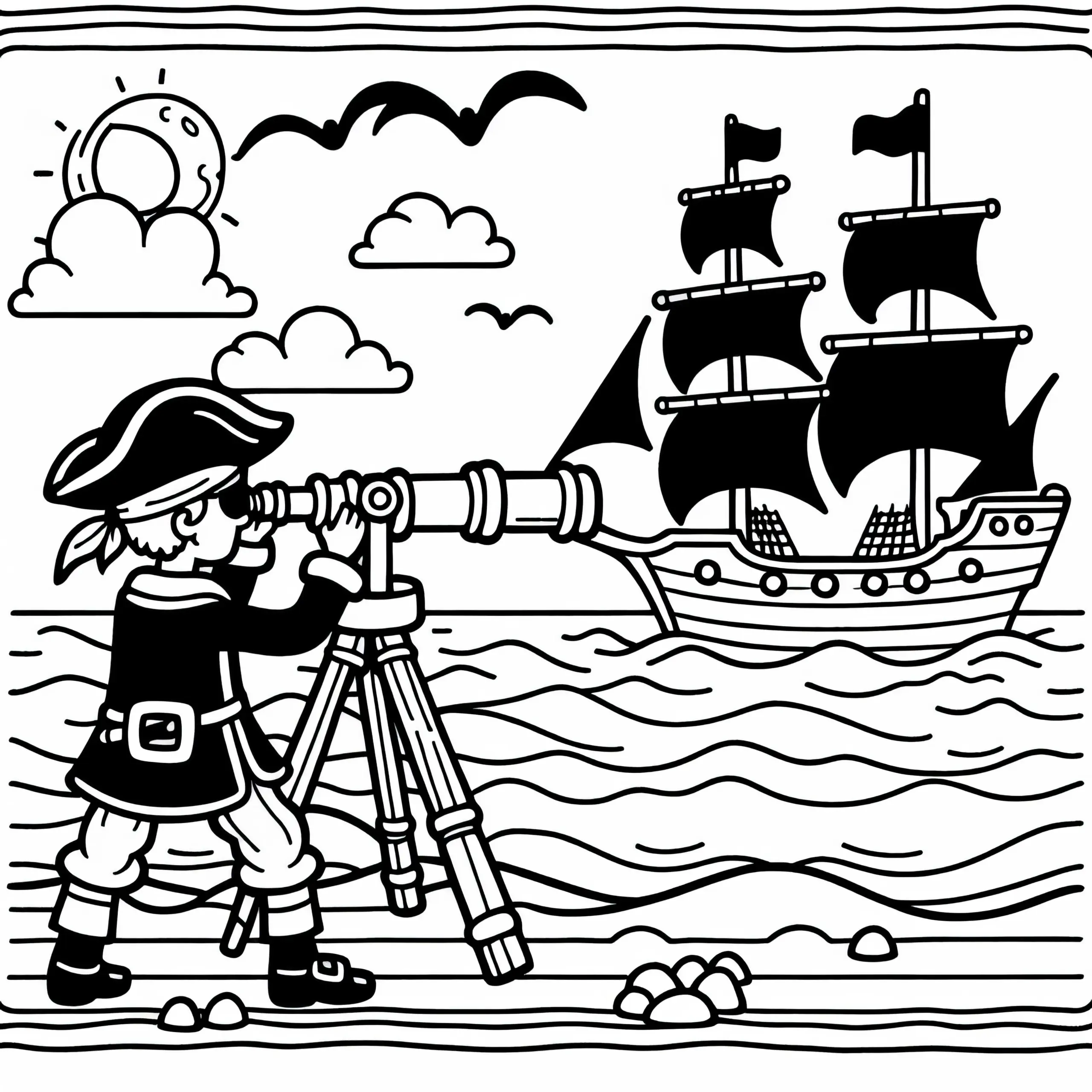 Pirat beobachten feindliches Schiff durch Fernrohr: Ausmalbild zum Download (Kostenlos)