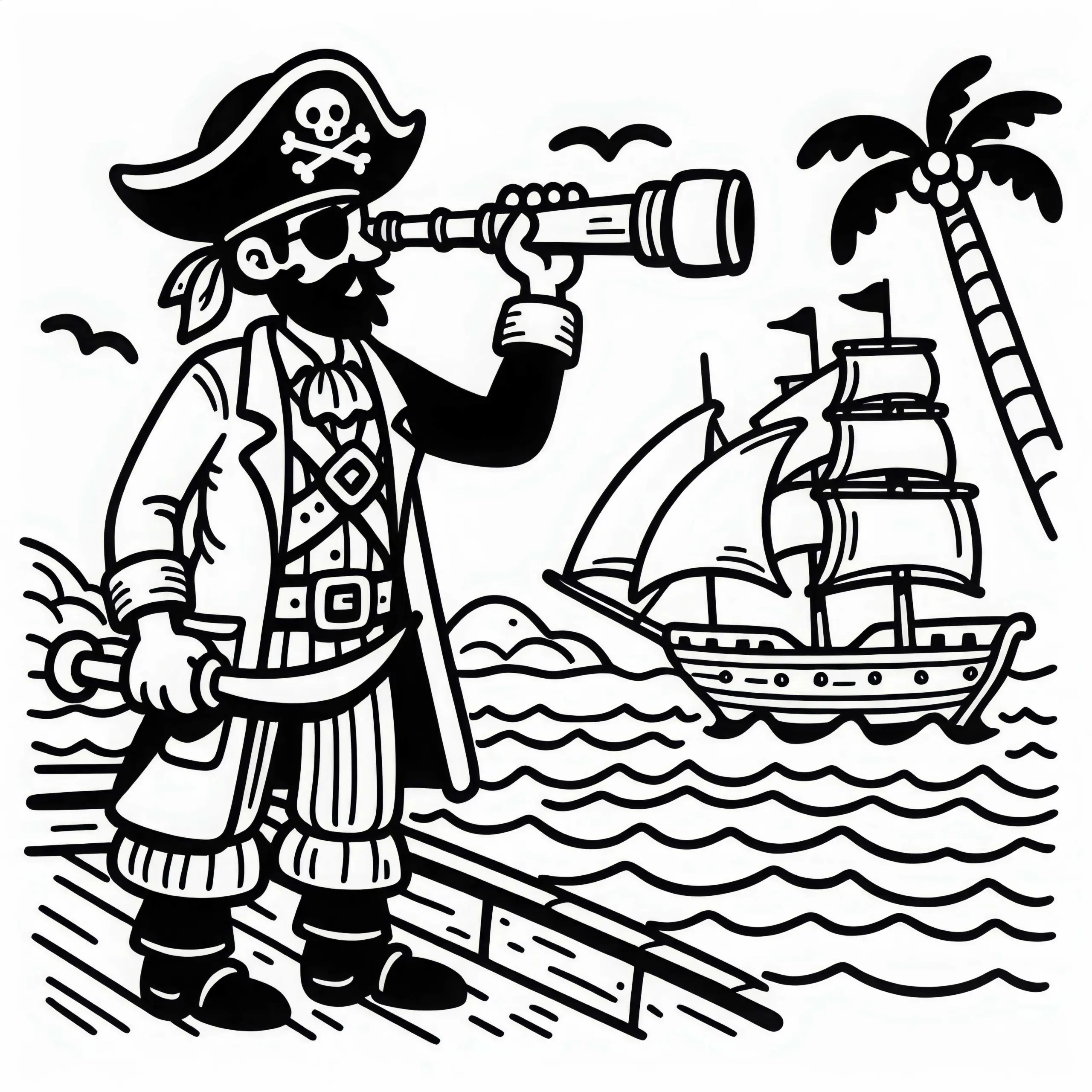 Pirat mit Fernrohr auf Brücke hält Ausschau nach Insel als Malvorlage (Kostenlos) (Ausmalbild)