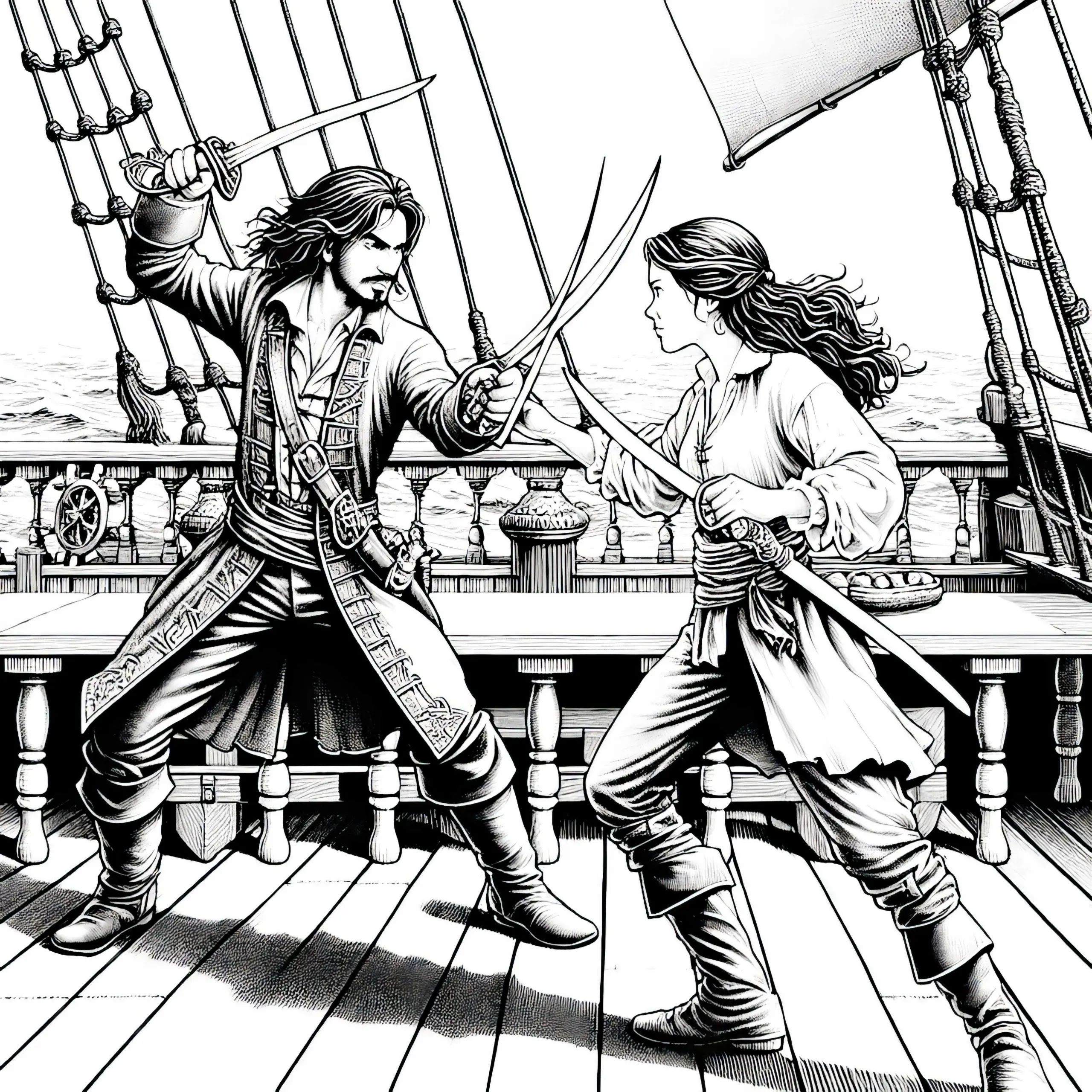 Pirat kämpft mit Degen gegen Rivalen auf dem Deck: Detaillierte Malvorlage (Kostenlos) (Ausmalbild)