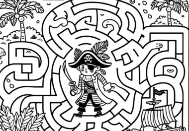 Pirat schippert durch ein Labyrinth aus Inseln – Malvorlage für Jungs ab sechs kostenlos