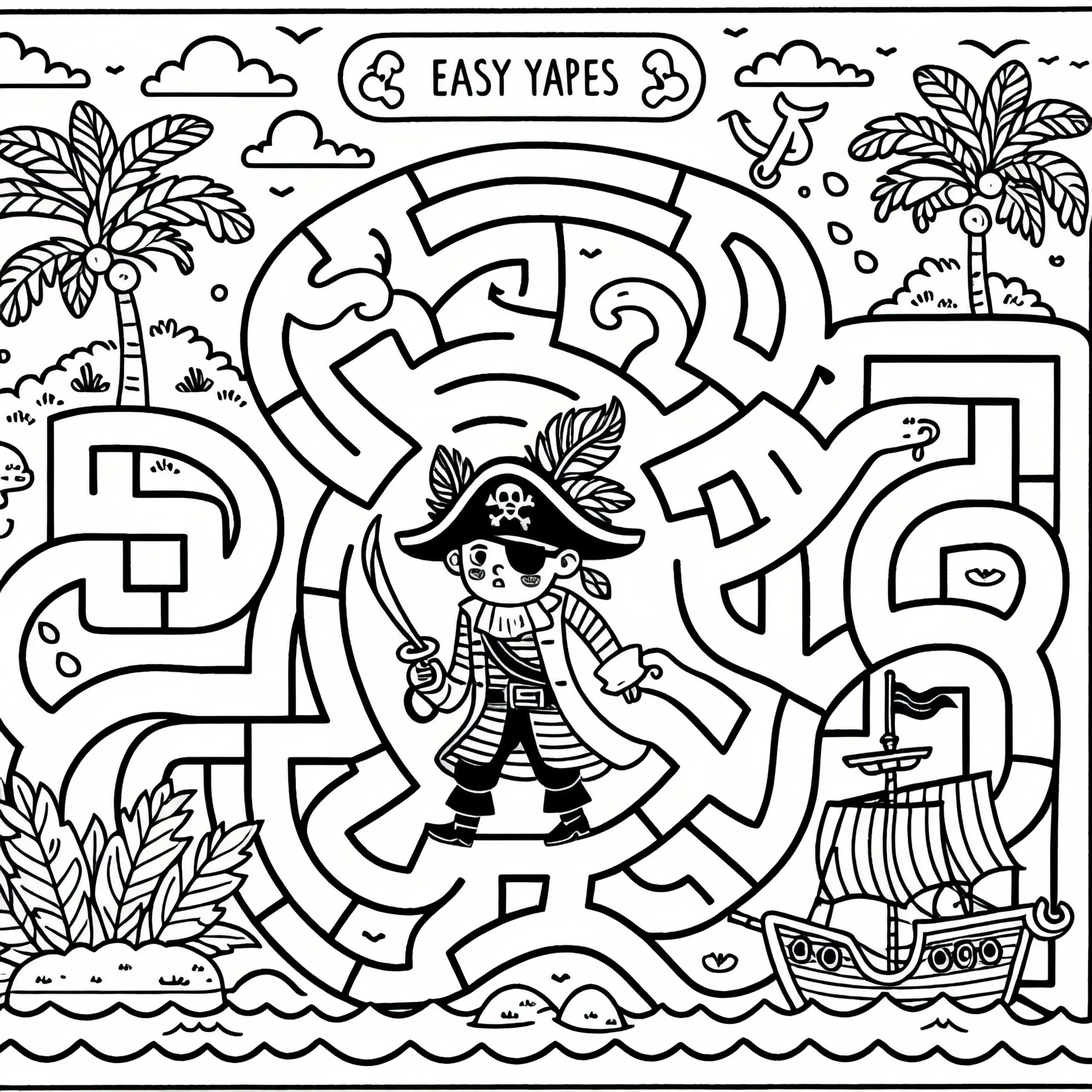 Pirat schippert durch ein Labyrinth aus Inseln – Malvorlage für Jungs ab sechs kostenlos (Ausmalbild)