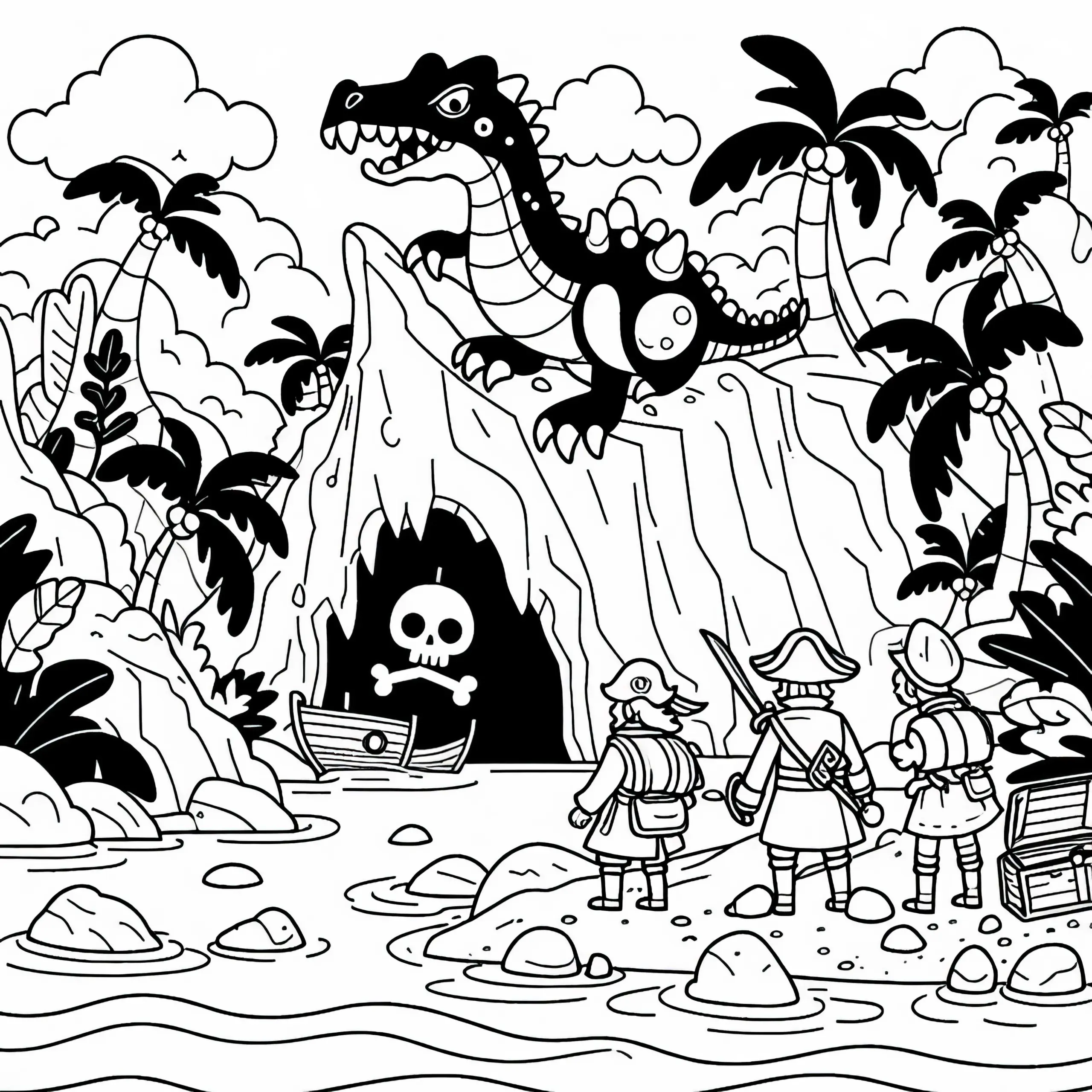 Piraten entdecken geheimnisvolle Höhle auf Insel: Gratis Malvorlage (Ausmalbild)