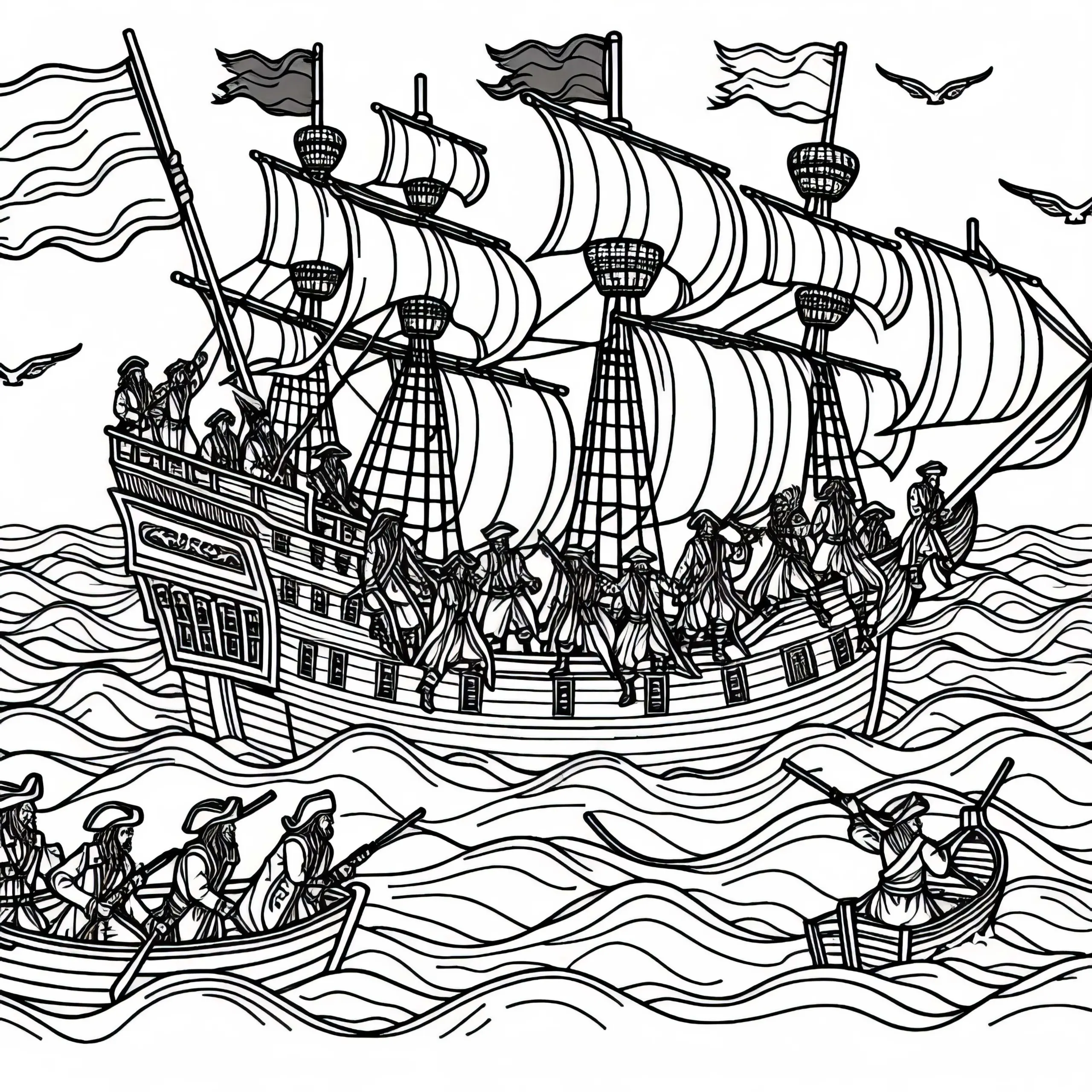 Piraten Entern Handelsschiff – Malvorlage Kostenlos (Ausmalbild)