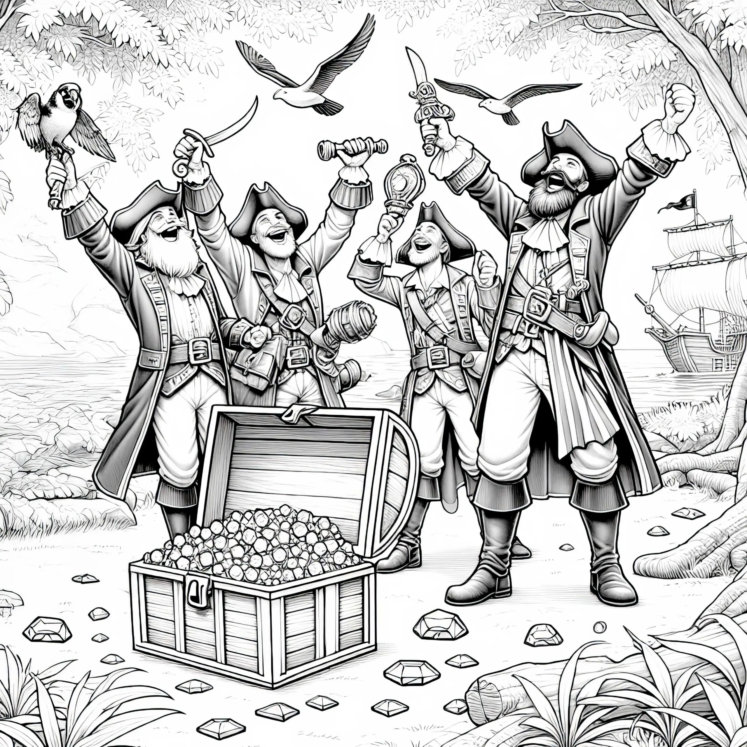 Piraten feiern Schatztruhe voller Juwelen: Ausmalbild zum Download (Kostenlos)