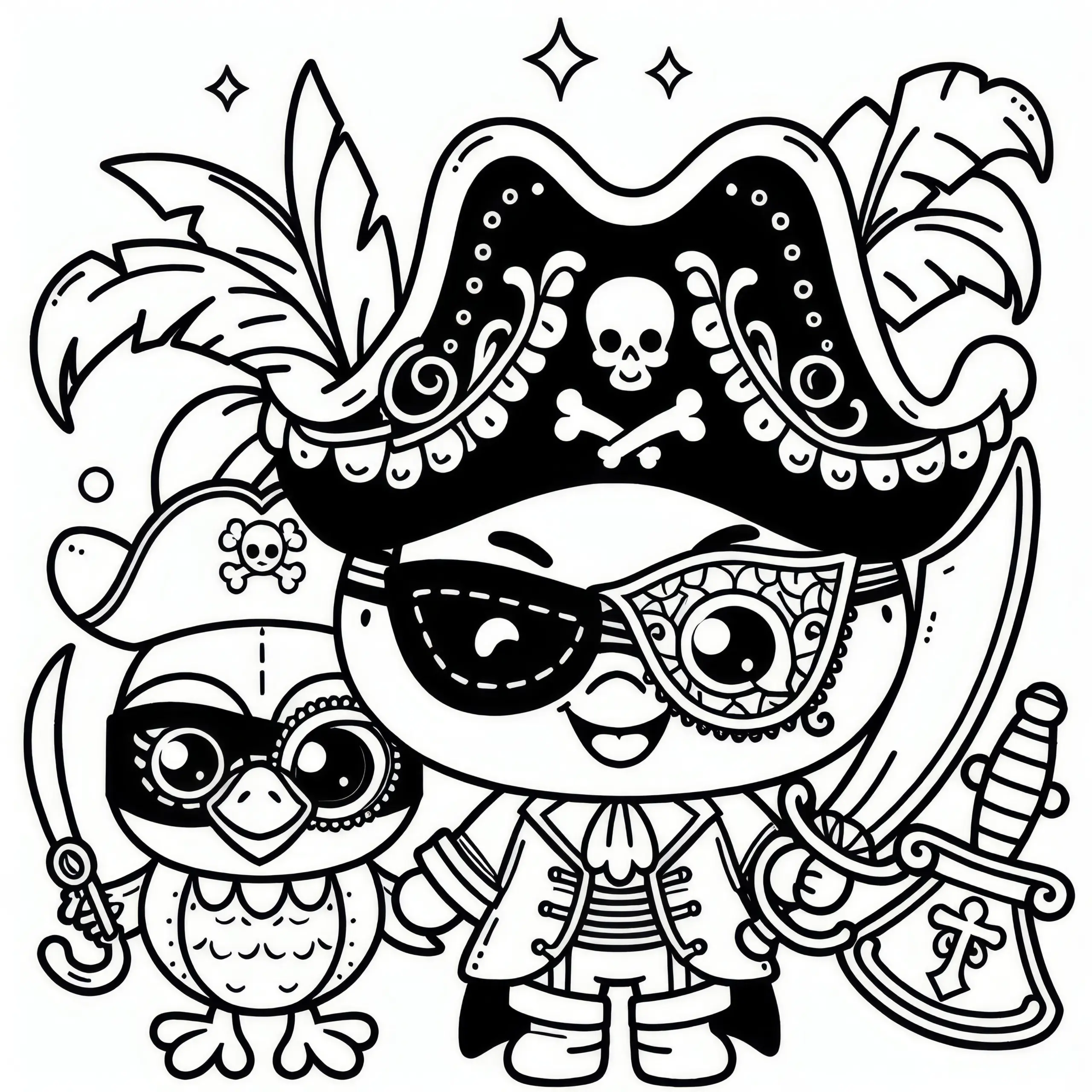 Piraten mit Augenklappe, Hut und Säbel – Fasching Malvorlage (Ausmalbild)