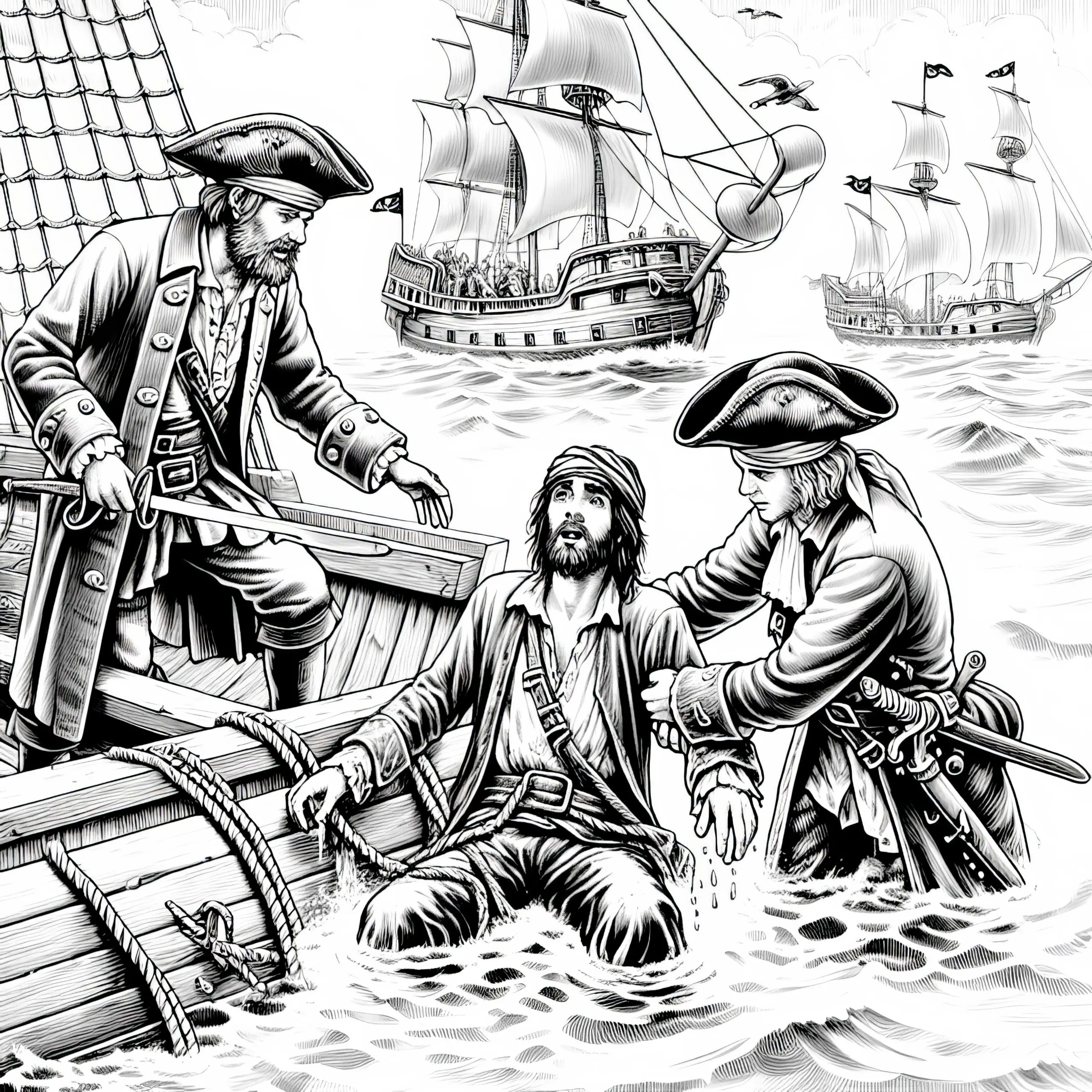 Piraten retten Schiffbrüchige aus dem Meer: Detailreiche Malvorlage (Gratis) (Ausmalbild)