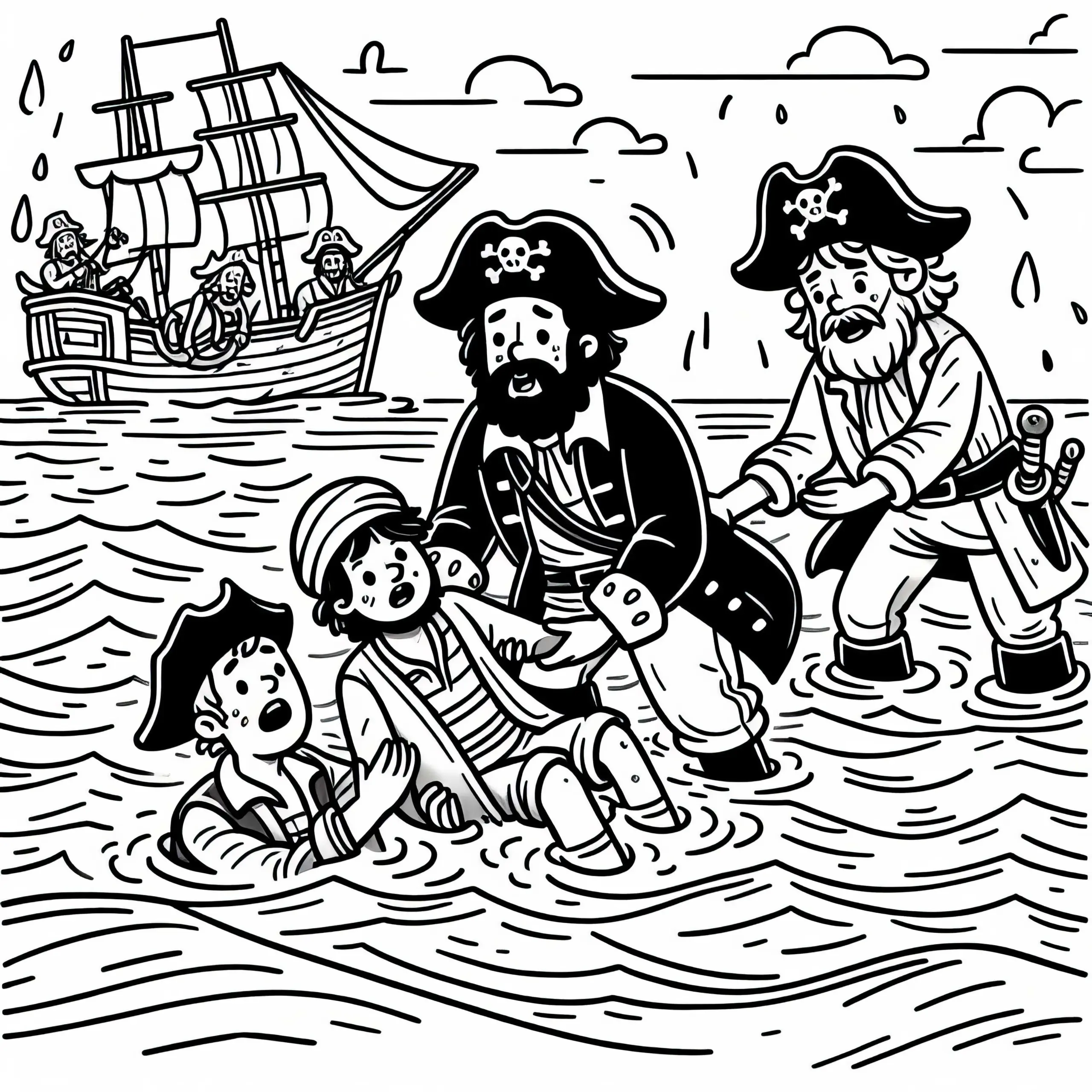 Piraten retten Schiffbrüchige aus dem Meer: Kostenloses Ausmalbild