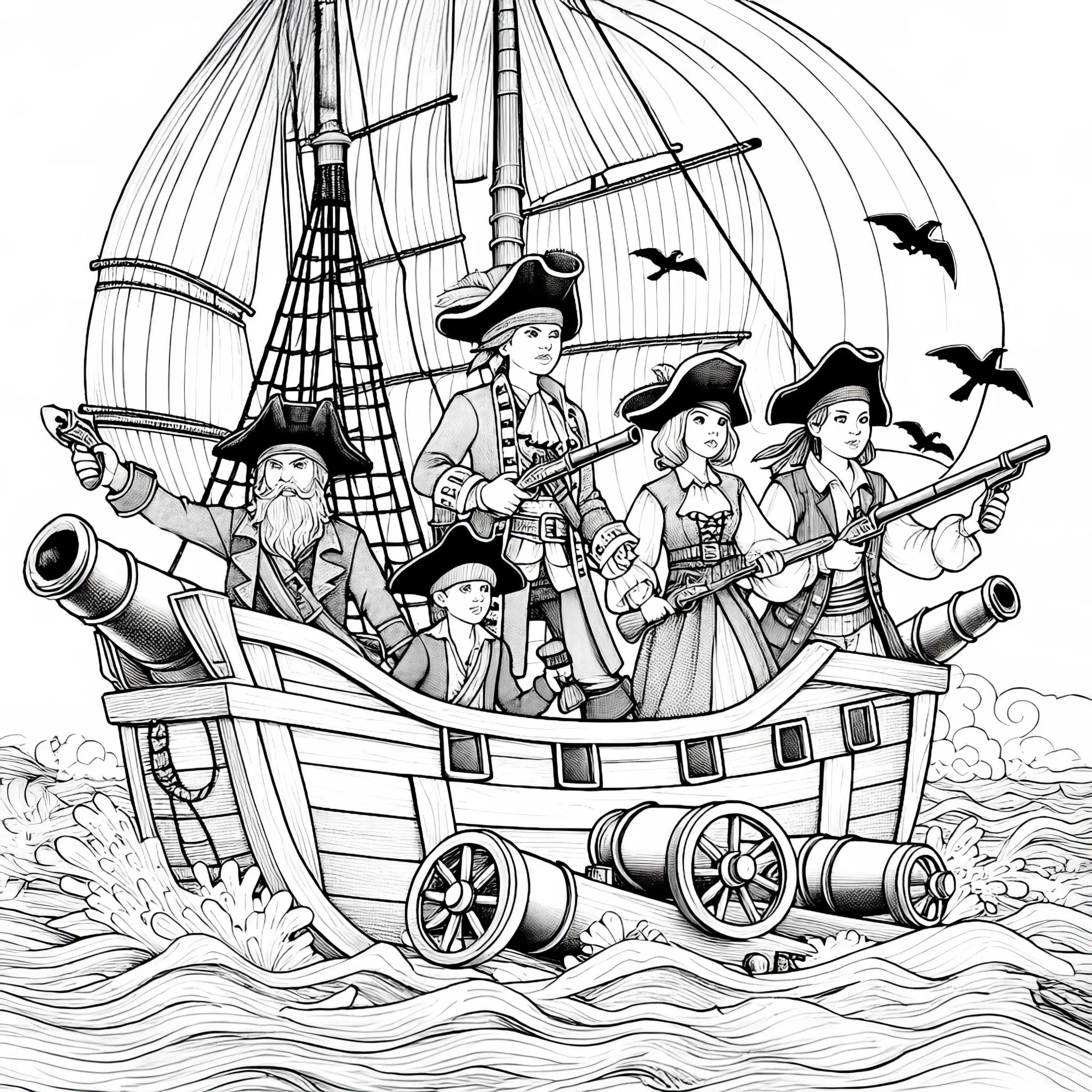 Piraten verteidigen ihr Schiff gegen Angreifer: Ausmalbild in hoher Qualität (Gratis)