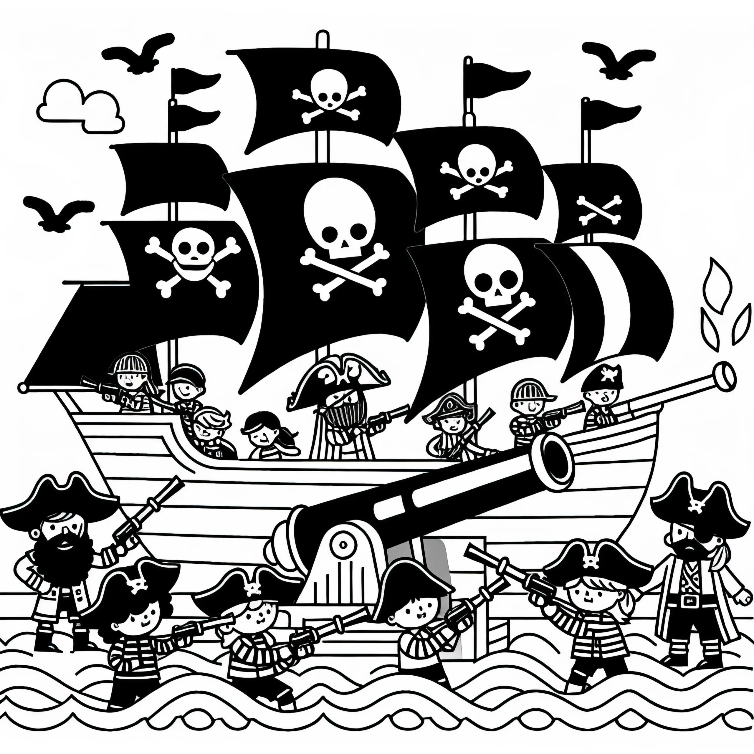Piraten verteidigen ihr Schiff gegen Angreifer: Einfache Malvorlage (Kostenlos) (Ausmalbild)