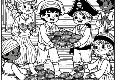 Piratenbande aus Kindern verteilt Goldmünzen – Malvorlage Piraten gratis