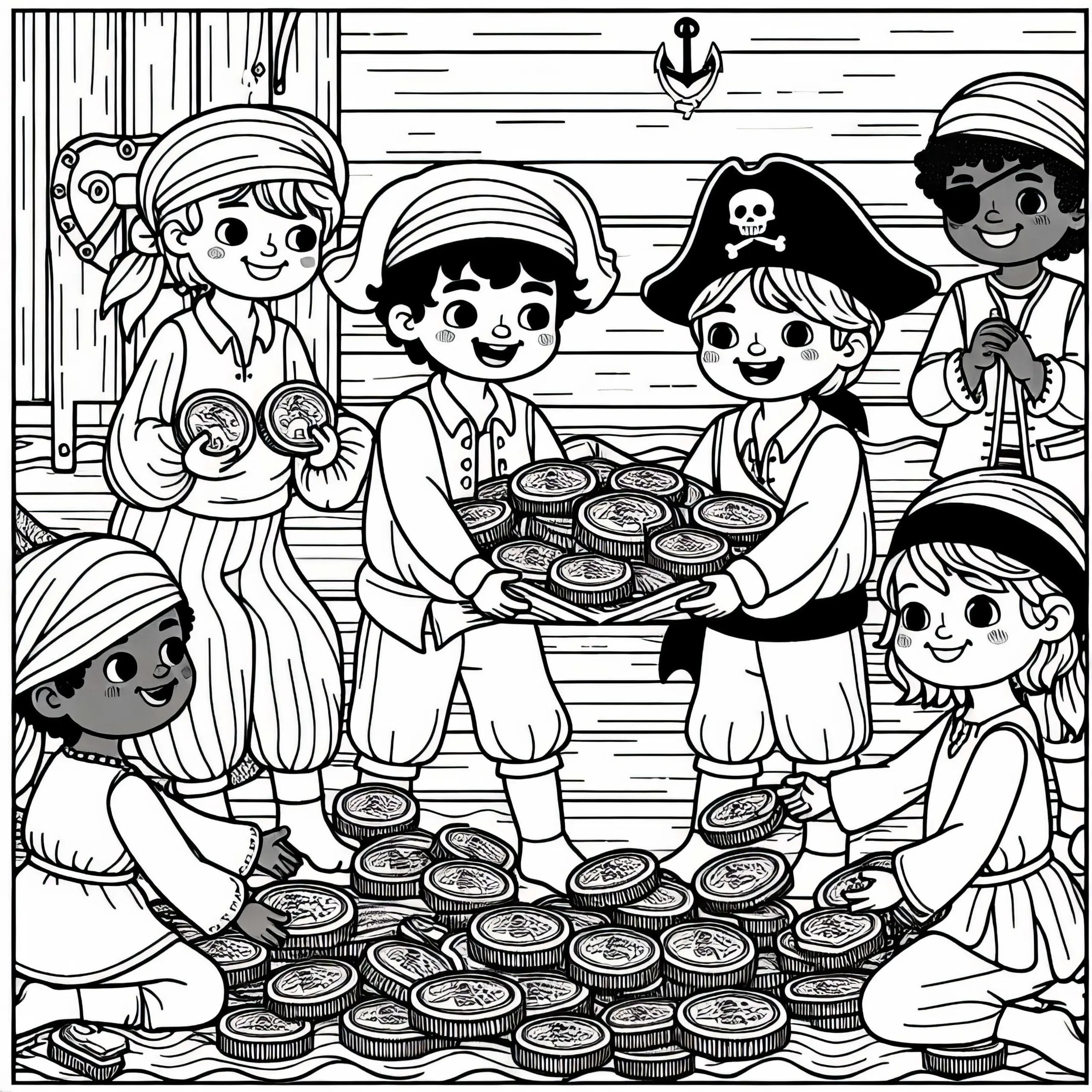 Piratenbande aus Kindern verteilt Goldmünzen – Malvorlage Piraten gratis (Ausmalbild)