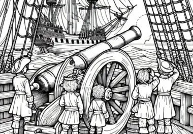 Piratenkinder mit Kanone an Bord eines Segelschiffs – Ausmalbild für Piraten-Fans